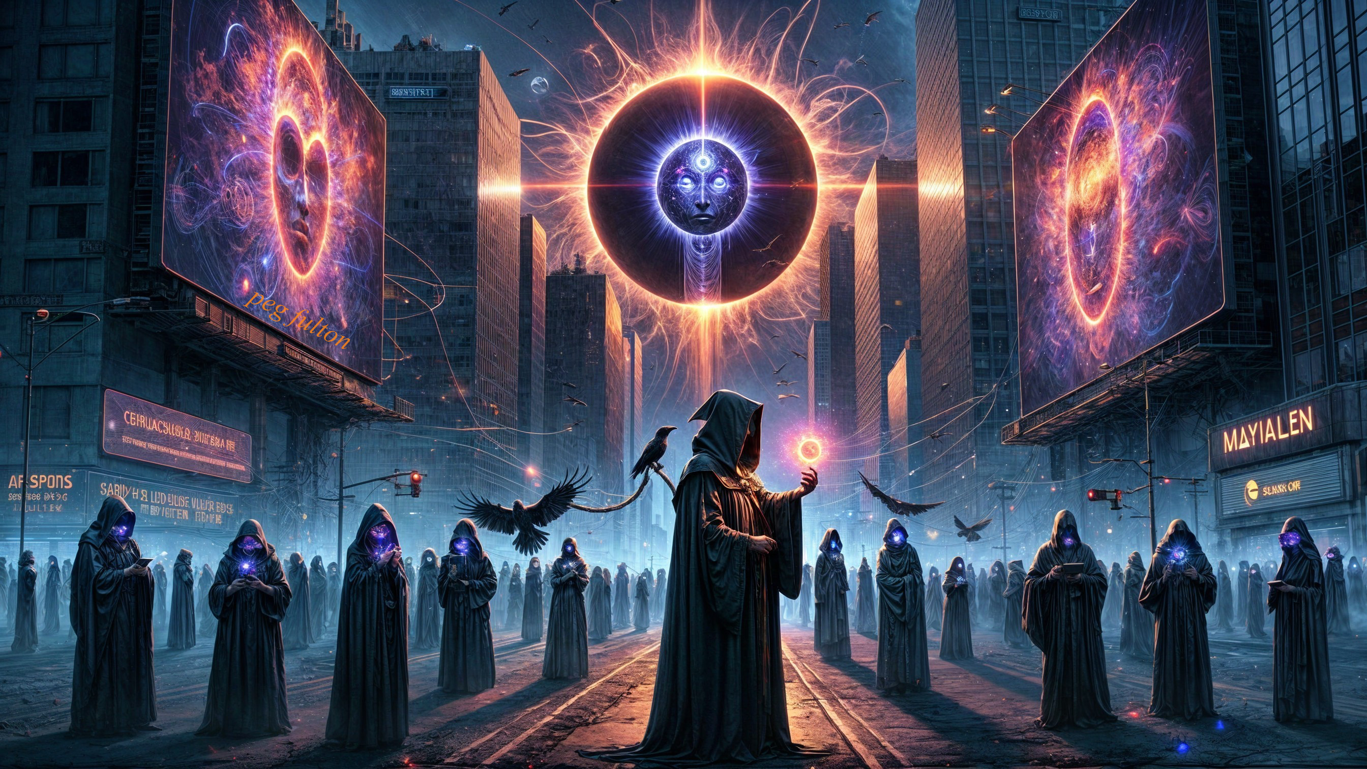 Cloaked Figures in Dystopian City with Cosmic Visuals