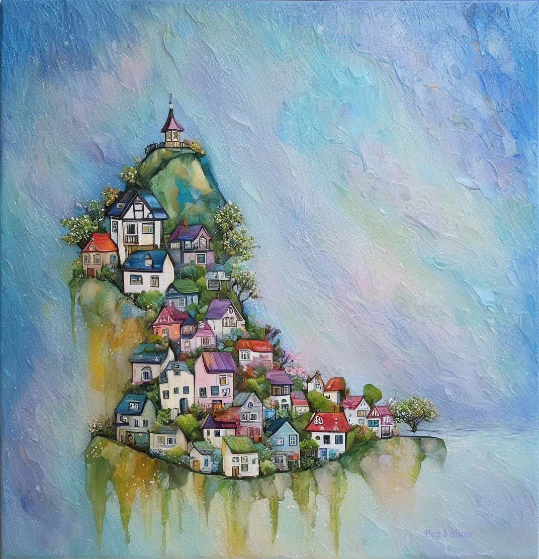 Whimsical Hilltop Village with Colorful Houses and Tower