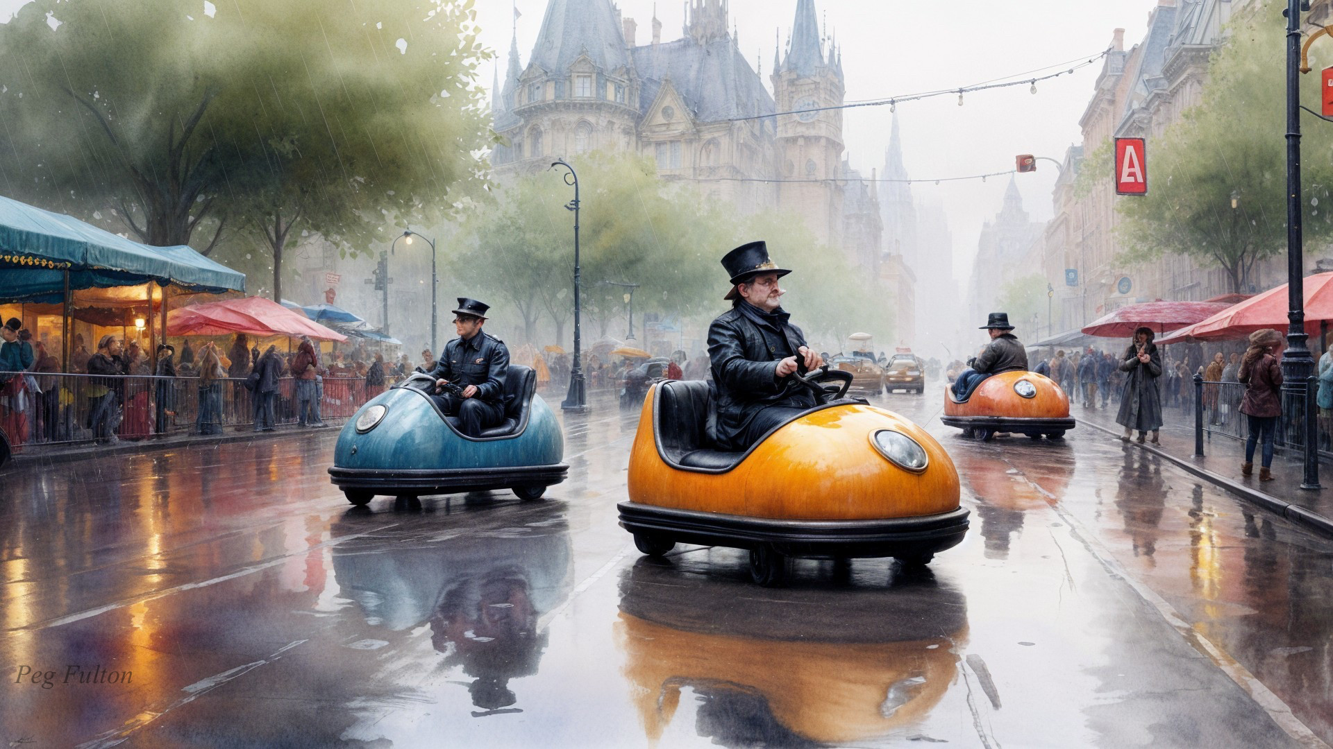 Vintage Bumper Cars on a Rainy Cobblestone Street