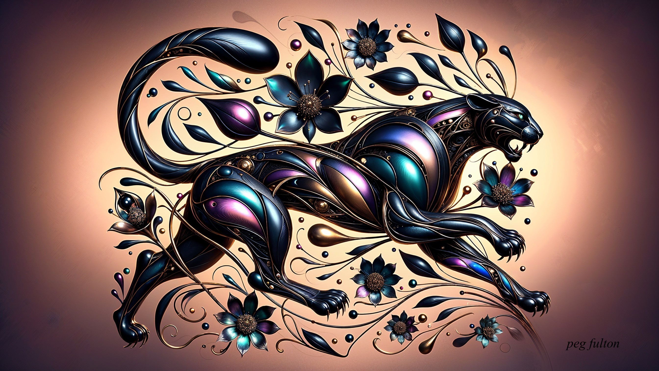 Stylized Black Panther with Vibrant Flowers and Foliage