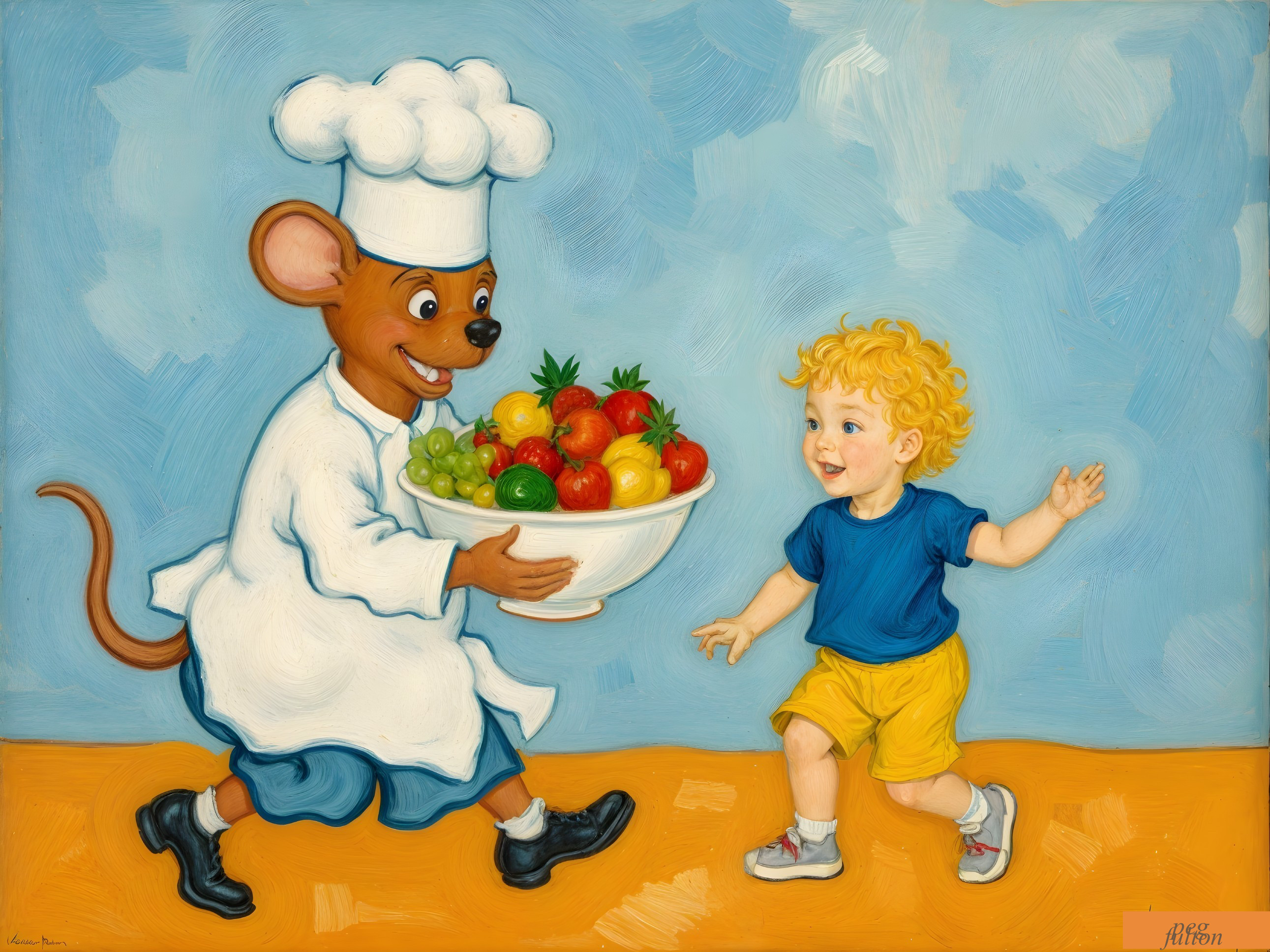 Cheerful Mouse with Fruit Bowl and Child in Blue Shirt