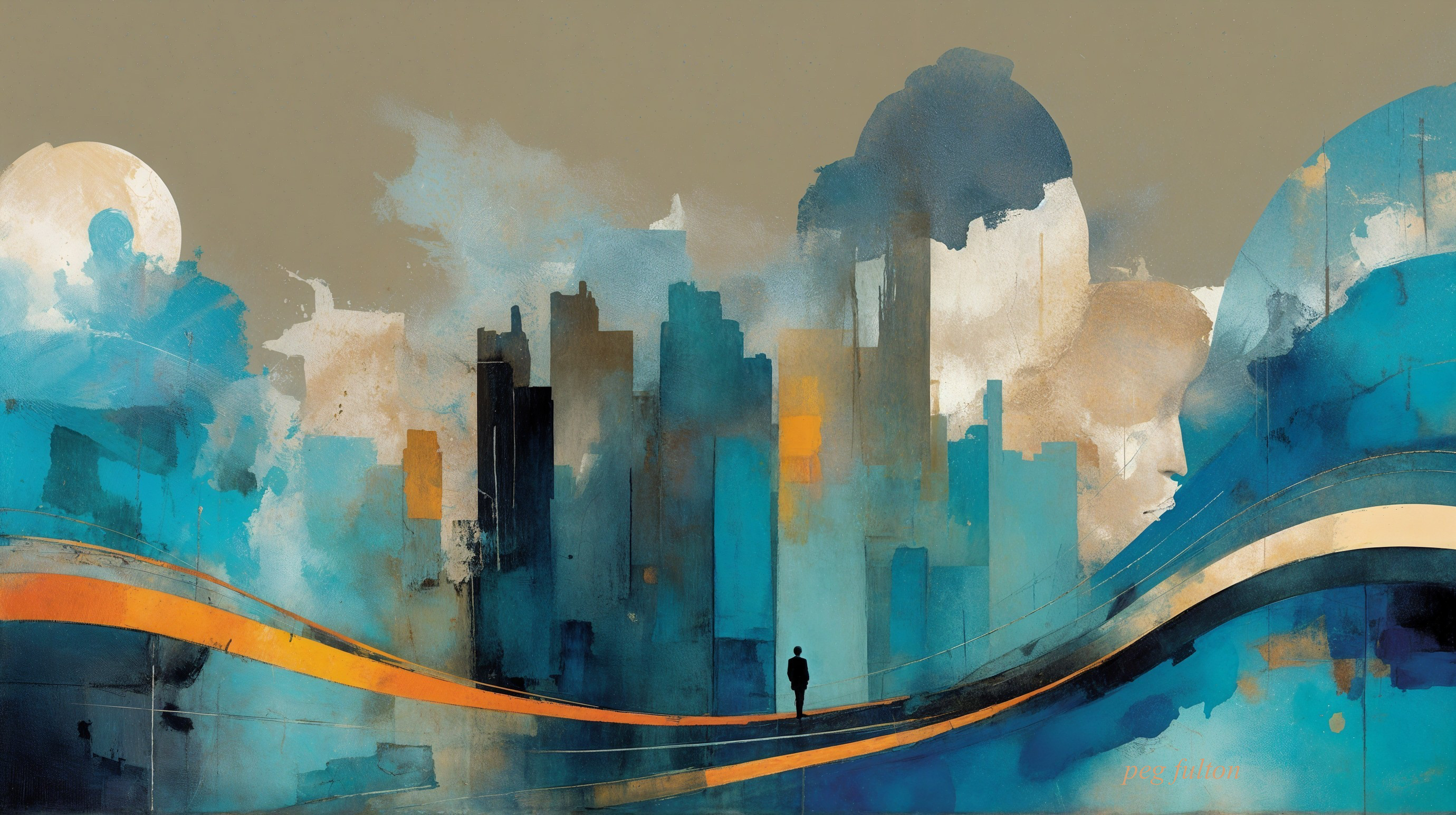Vibrant Abstract City Skyline with Solitary Figure