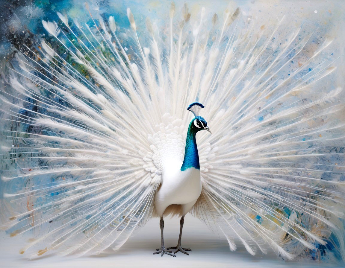 White Peacock Displaying Iridescent Feathers in Colorful Background