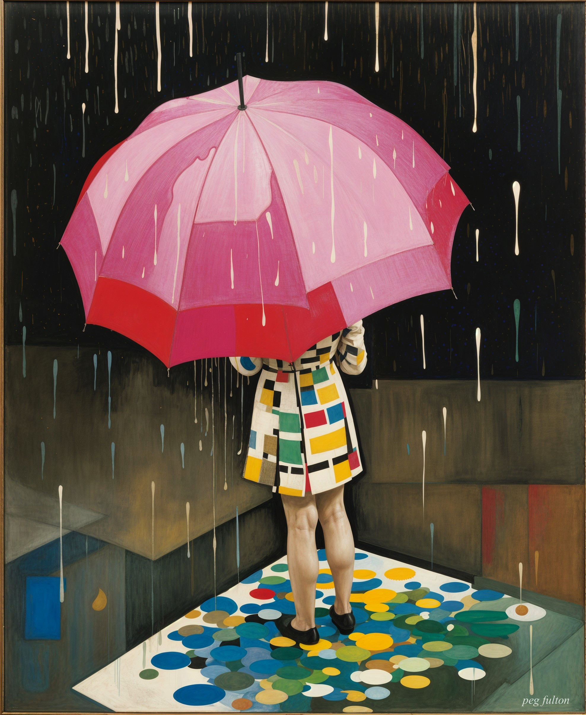 Figure Under Pink Umbrella in Abstract Colorful Scene