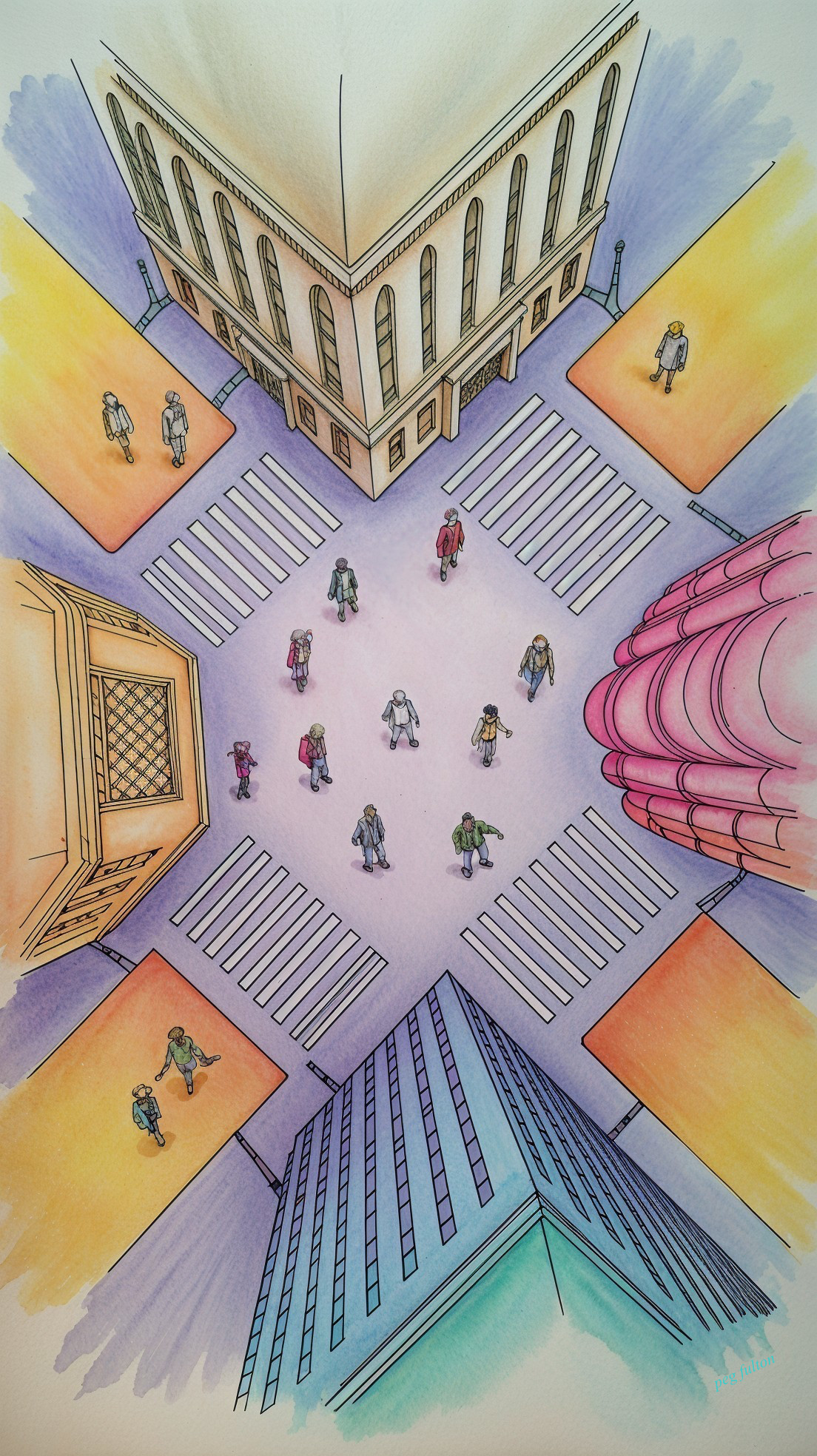 Aerial View of Colorful City Intersection with Pedestrians