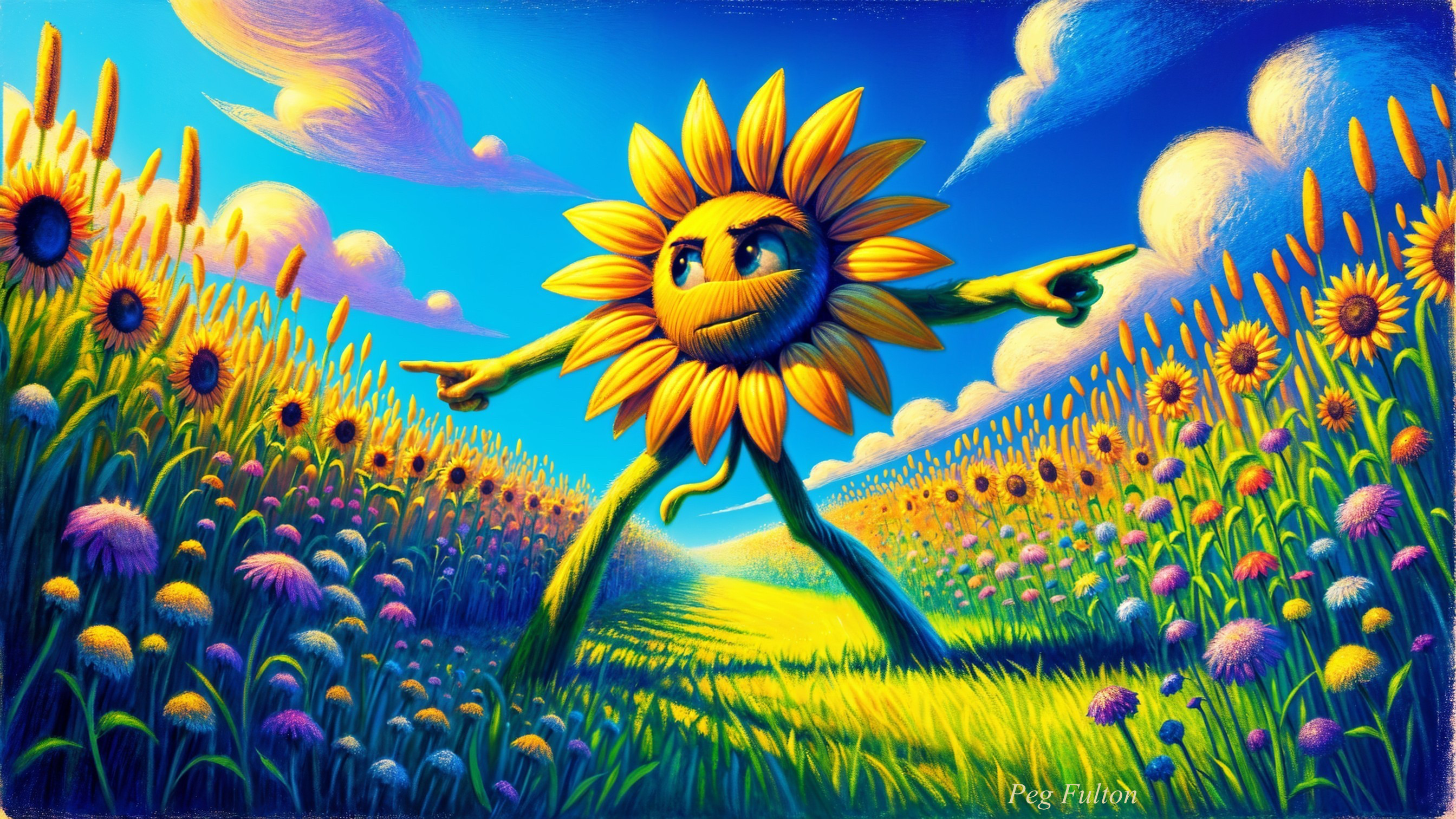 Cartoon Sunflower Character in Colorful Field Scene