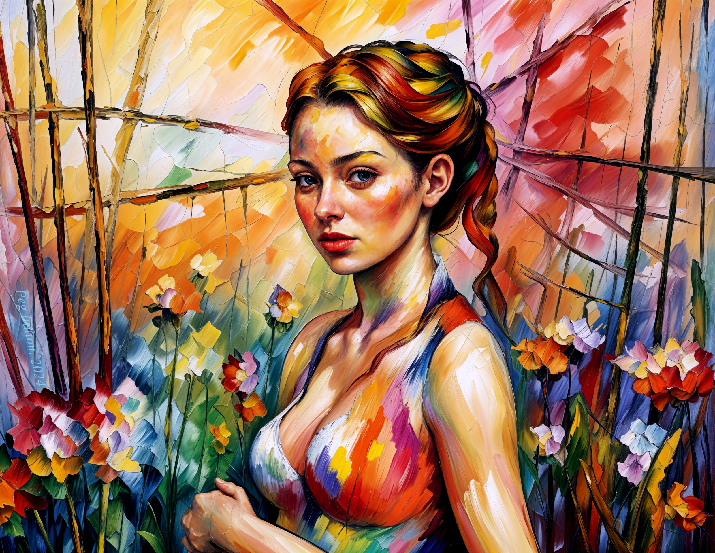 Young Woman Surrounded by Vibrant Flowers in Art