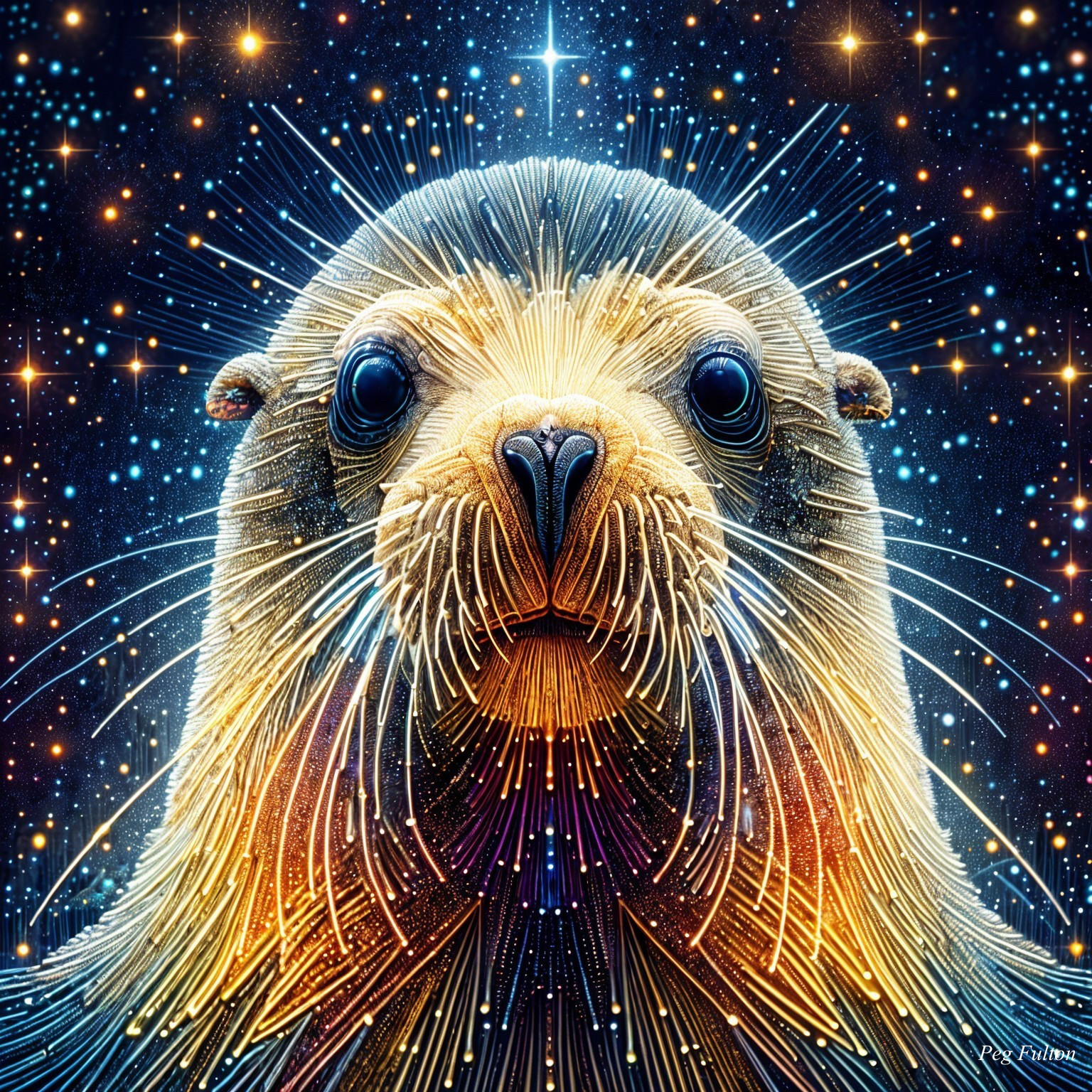 Stylized seal face with cosmic backdrop and vibrant lines
