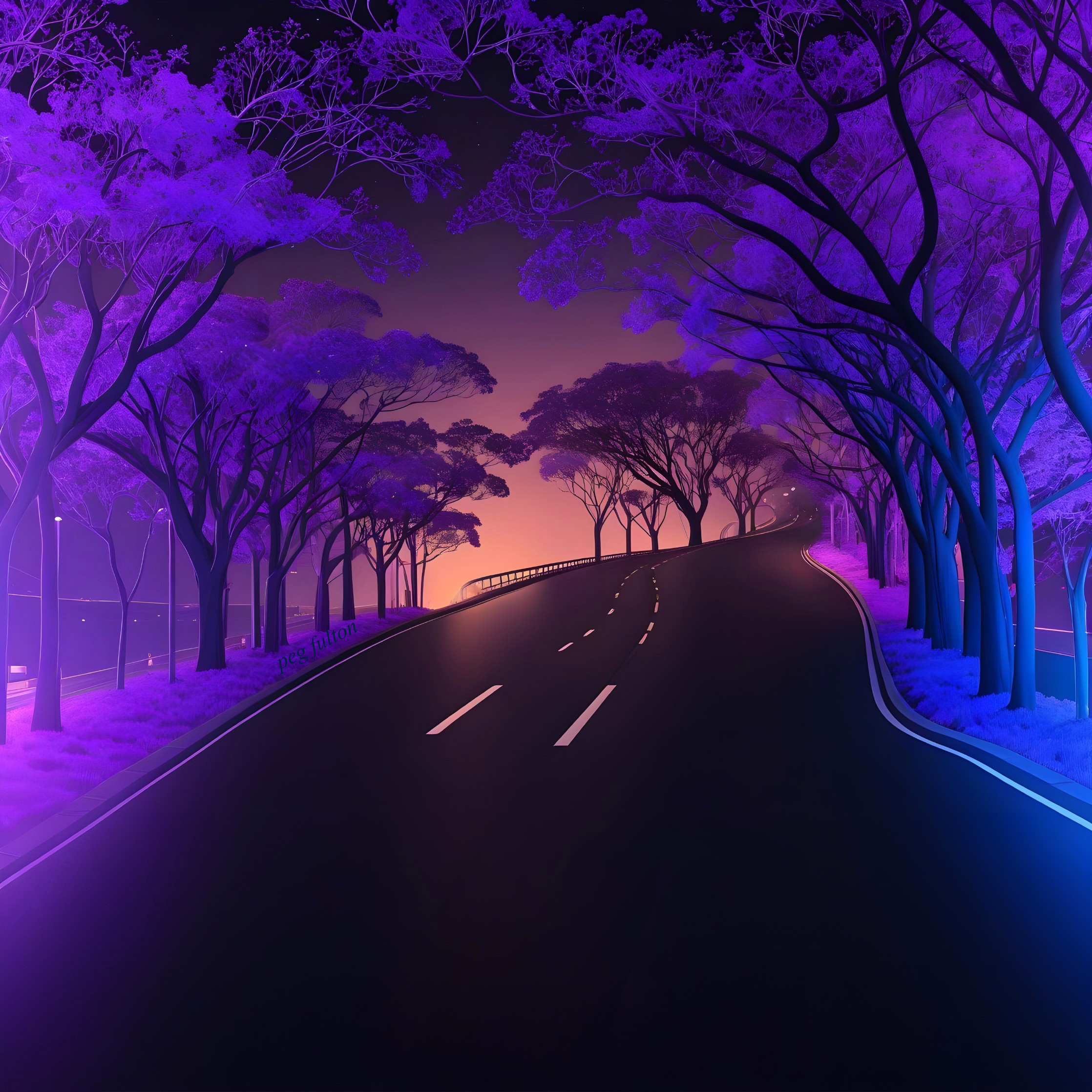 Winding Road Surrounded by Vibrant Purple Trees