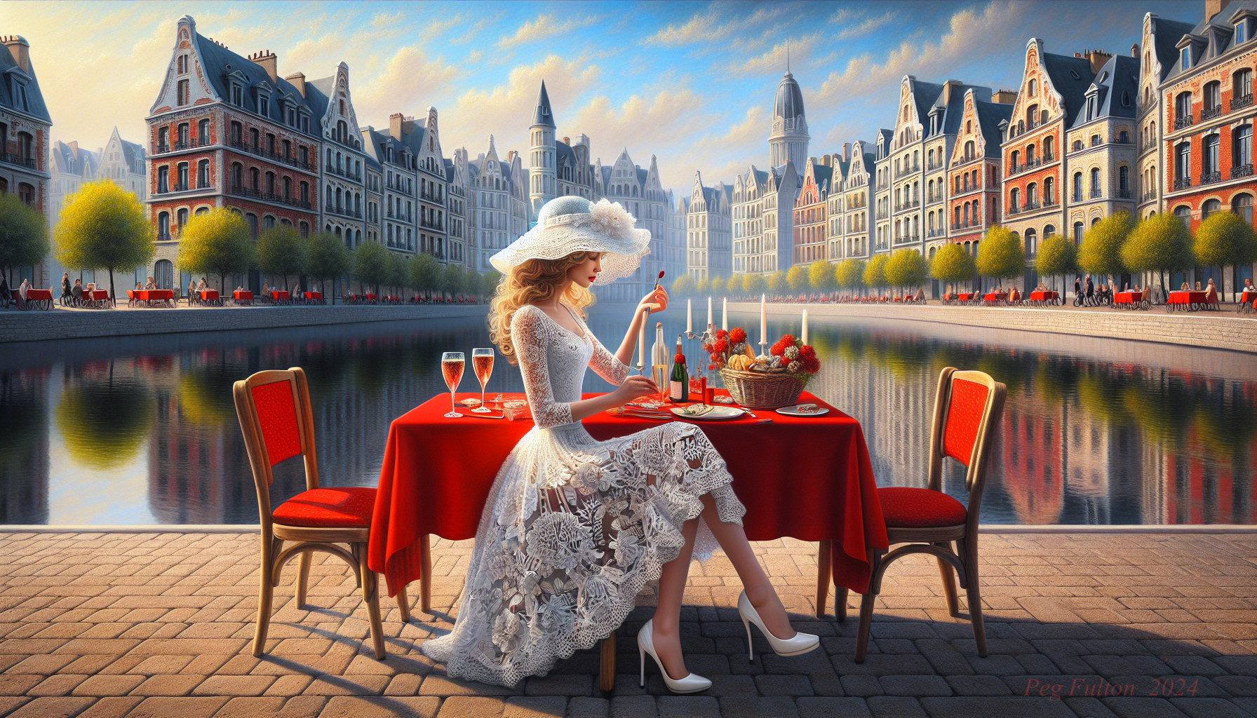 Elegant Woman in Lace Gown by Serene Canal Setting