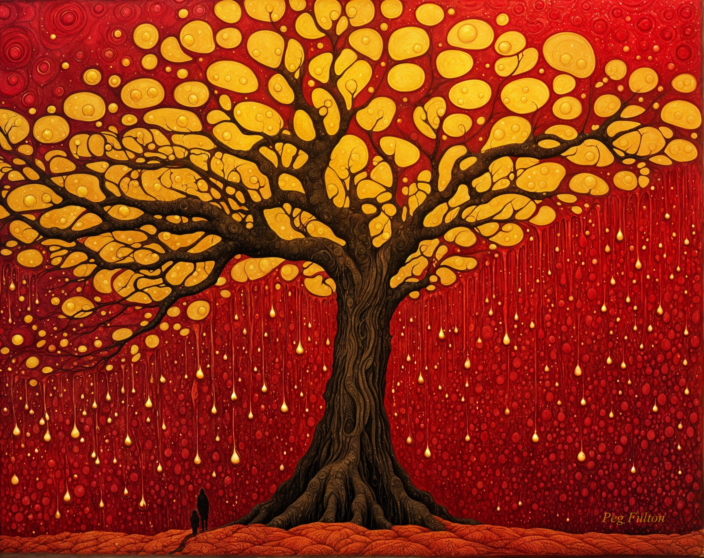 Tree with Gnarled Trunk and Golden Leaves on Red Background