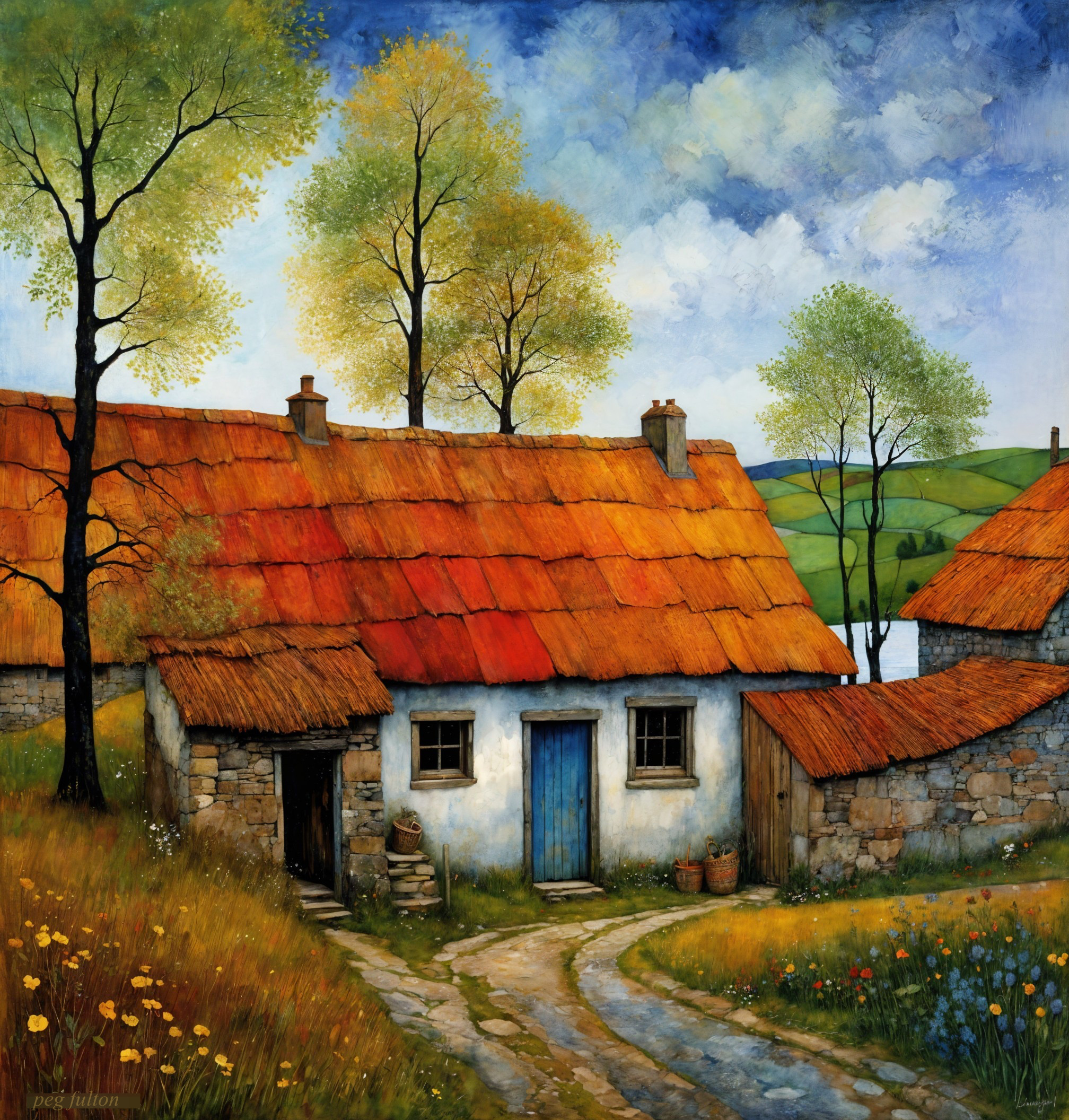 Countryside Scene with Cottage and Serene Water View