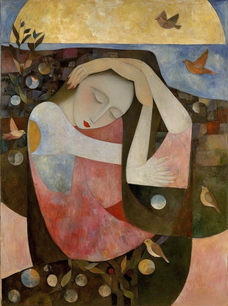 Serene Figure Surrounded by Abstract Forms and Colors
