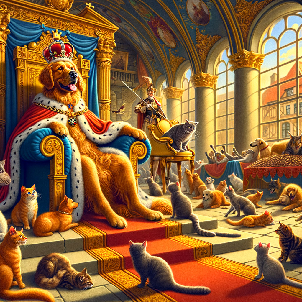 Golden retriever on throne with crown, surrounded by cats in ornate hall