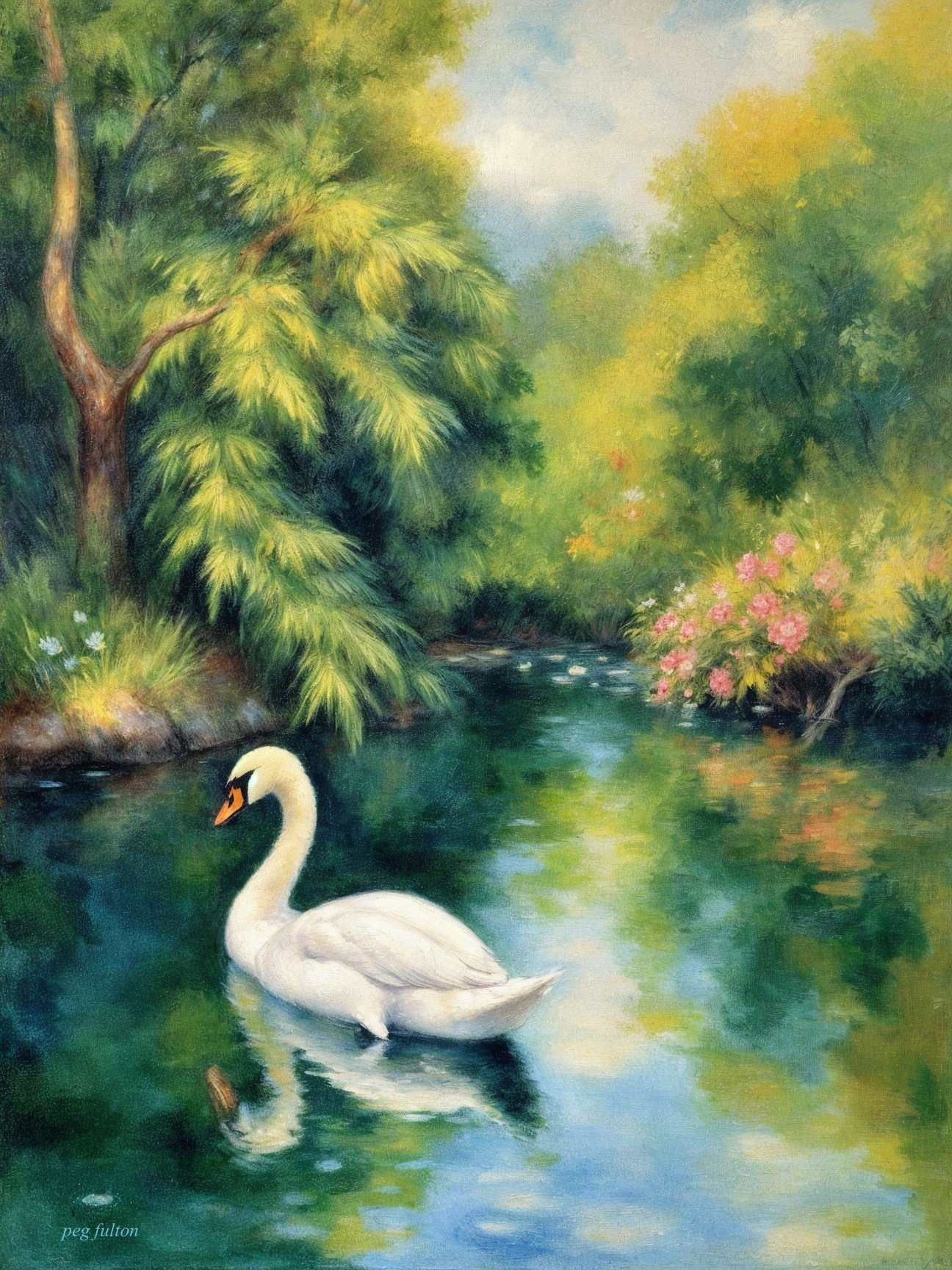 Serene Landscape with Swan on Reflective Pond
