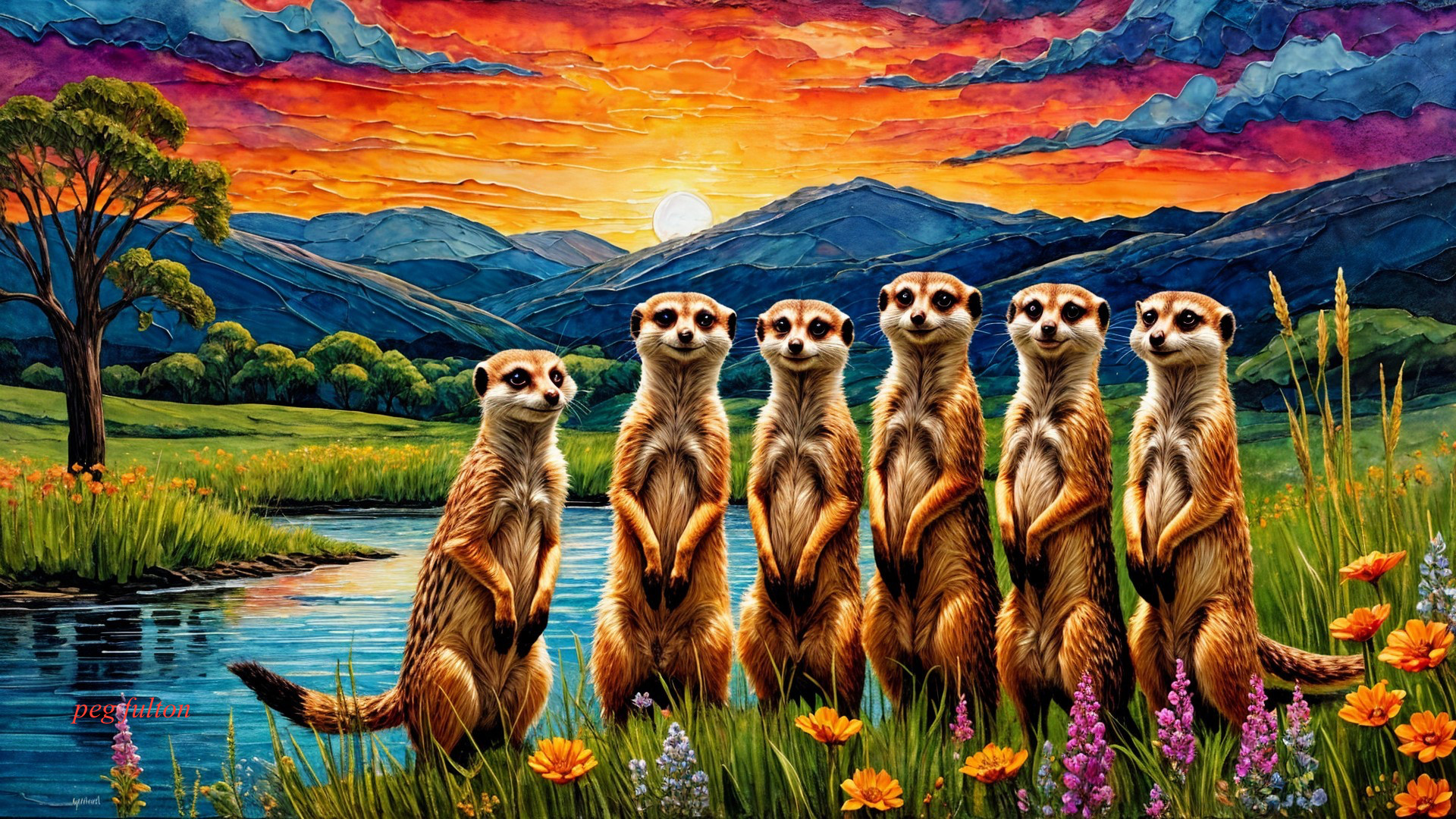 Vibrant Sunset Over River with Alert Meerkats and Hills