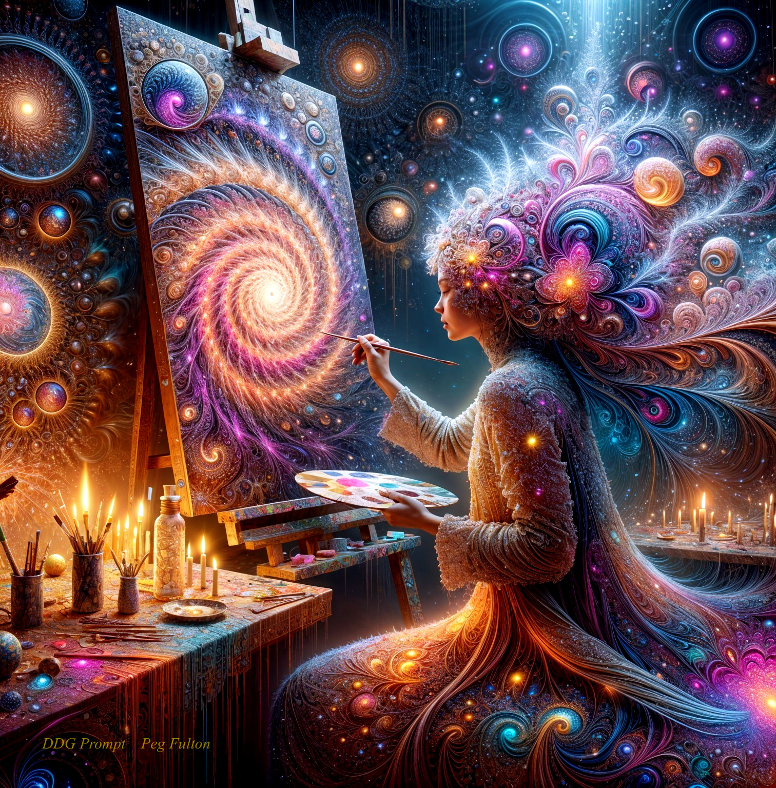 Colorful Hairstyle and Spiral Painting in Enchanted Space