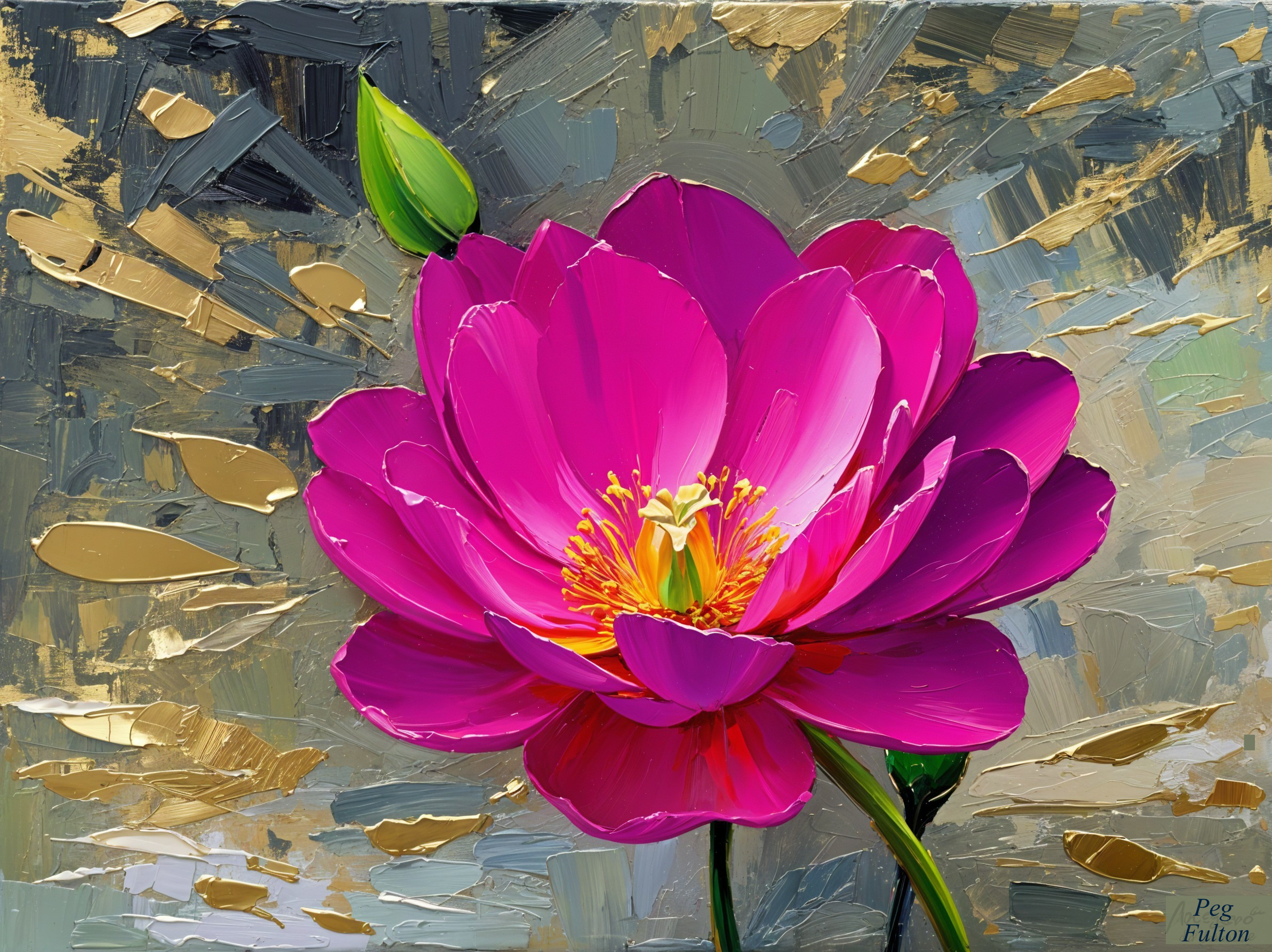 Vibrant Pink Flower with Textured Background and Gold