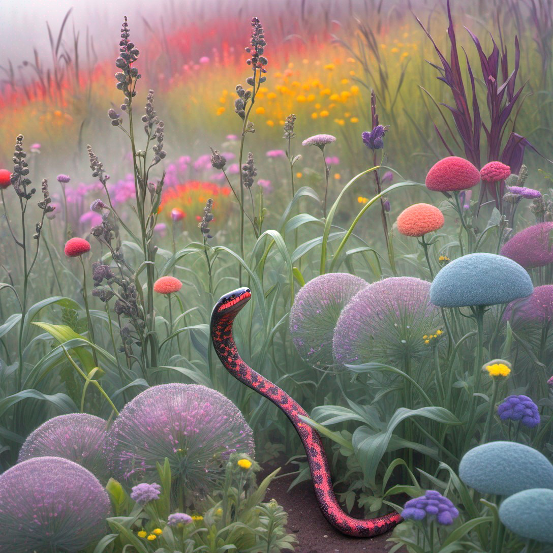 Surreal Garden with Oversized Colorful Flowers and Snake