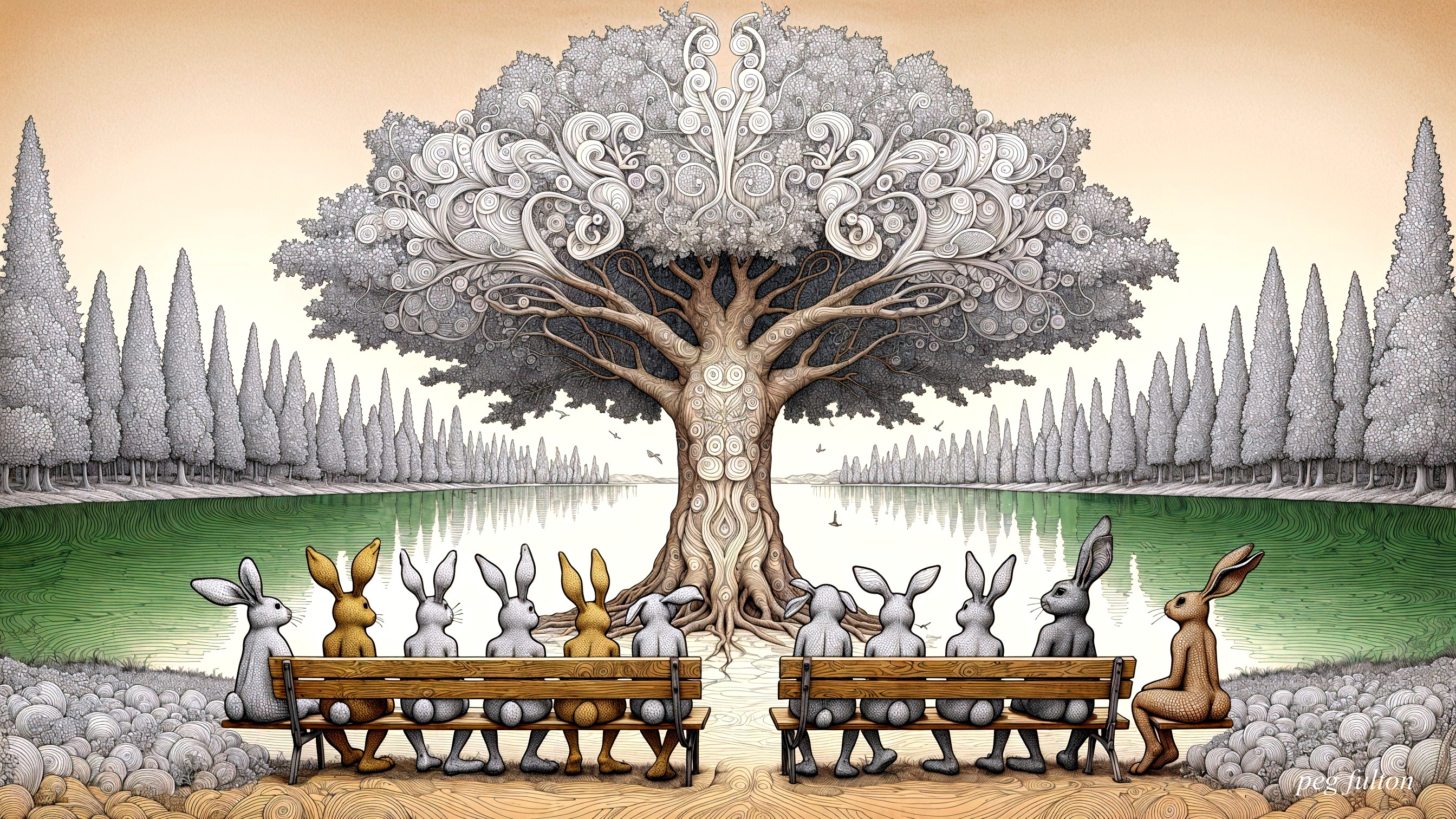 Rabbits by a tranquil lake with patterned trees