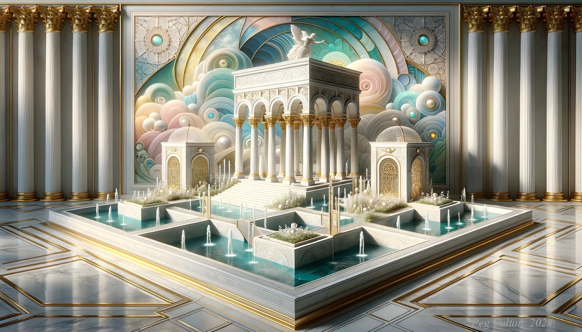 Ornate Courtyard with Temple and Elegant Fountains