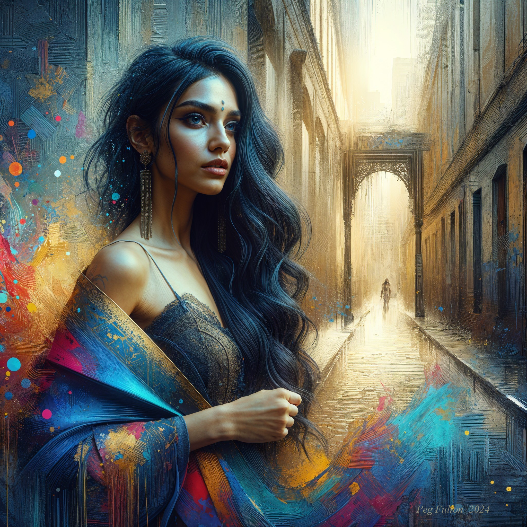 Woman in Vibrant Shawl Surrounded by Abstract Patterns