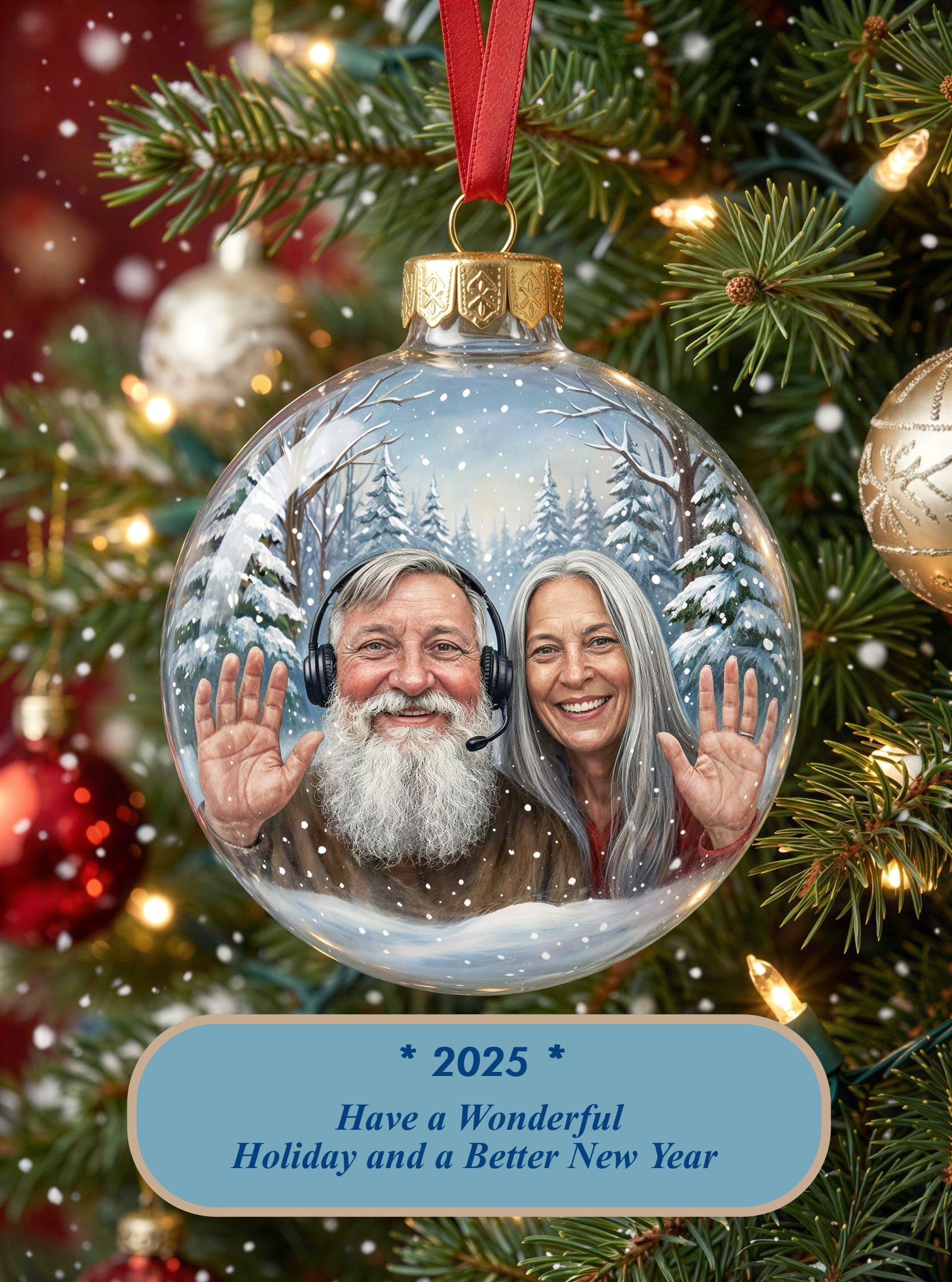 Christmas Ornament on Pine Branch with Snowfall