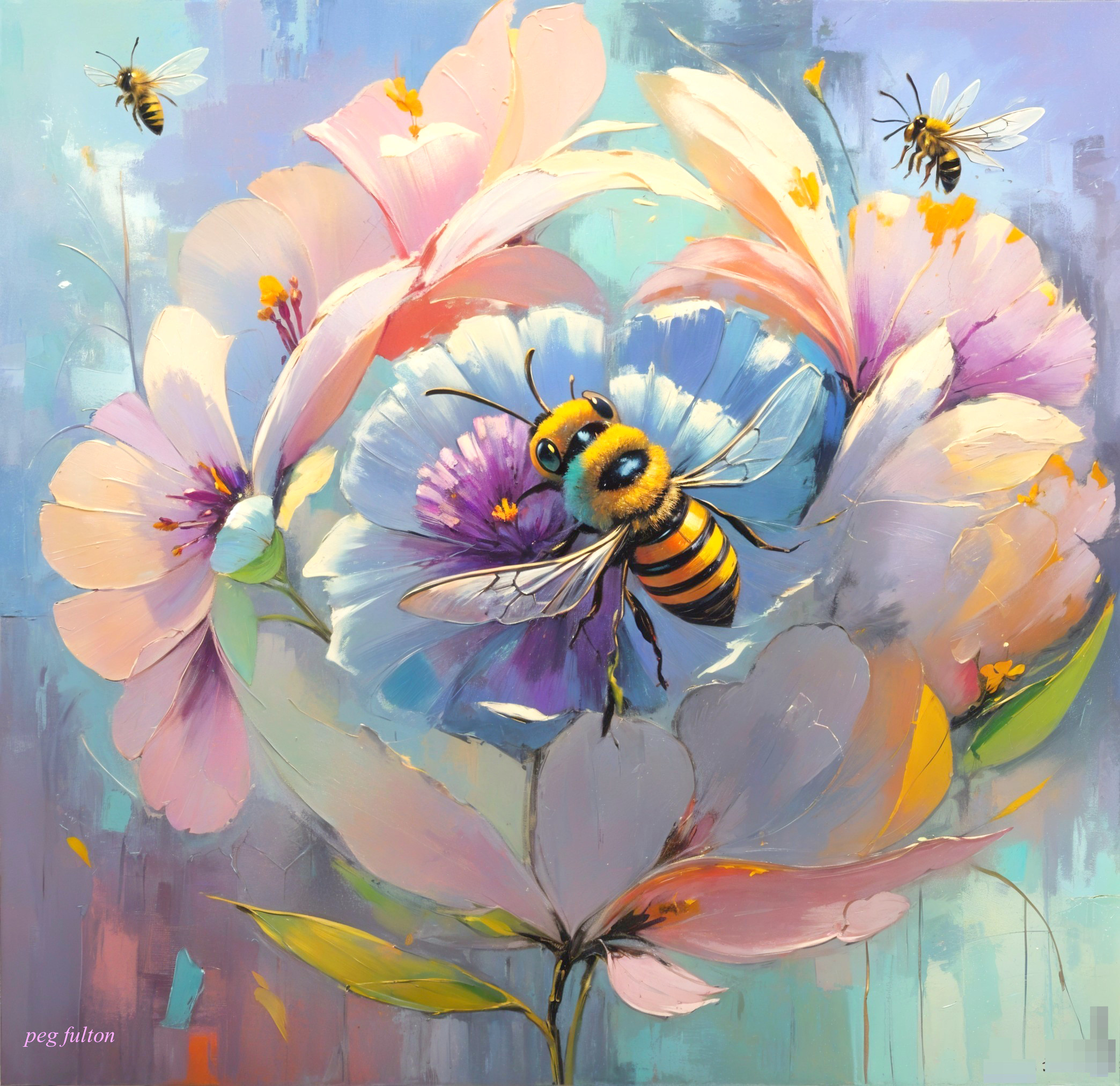 Vibrant Impressionistic Flower Arrangement with Bees