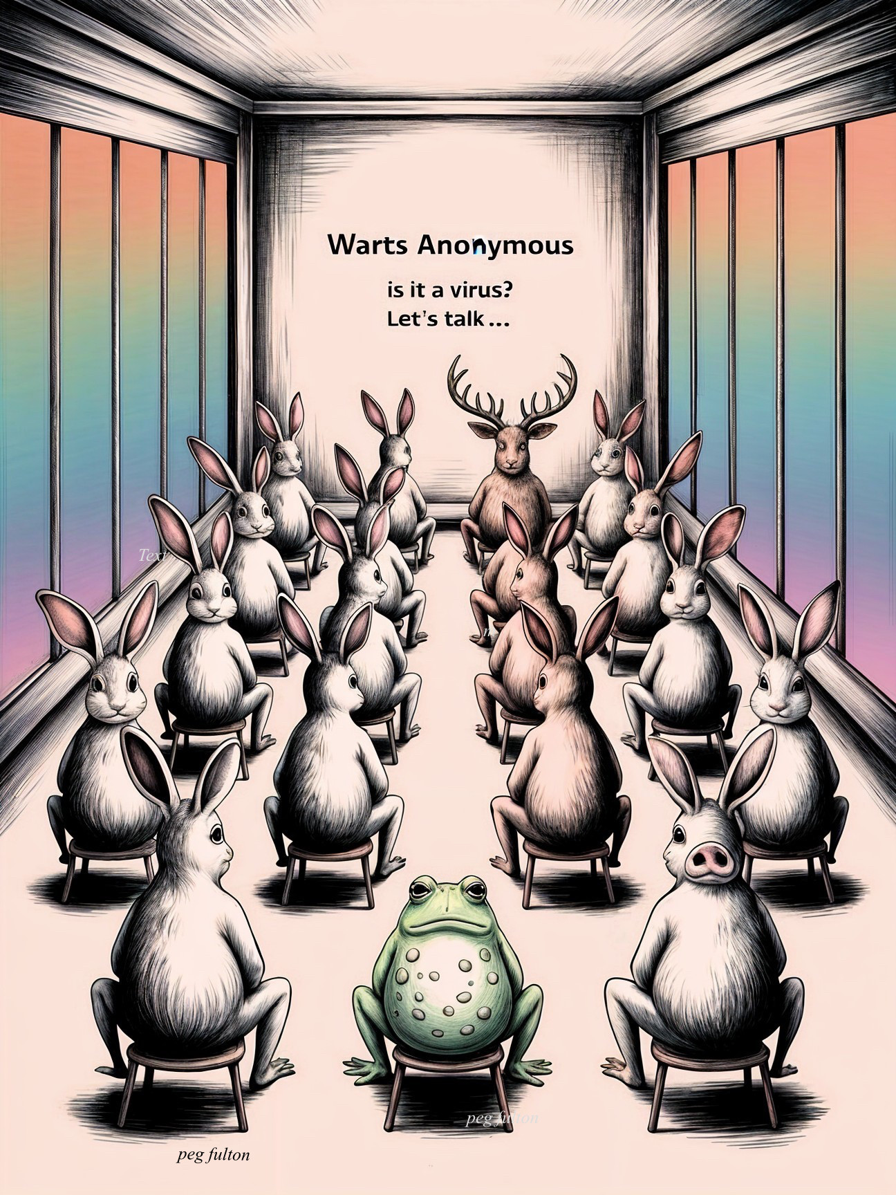 Animals in Colorful Room for Warts Anonymous Meeting