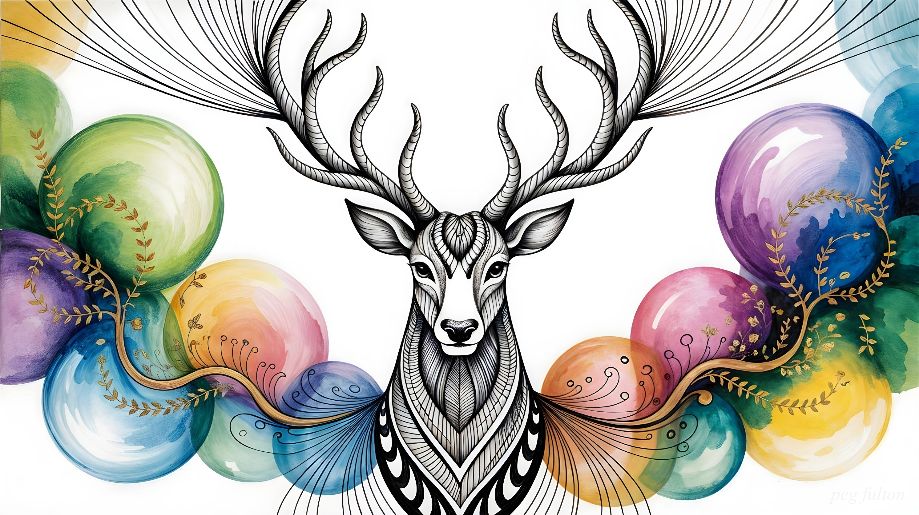 Stylized Deer Illustration with Colorful Background Bubbles