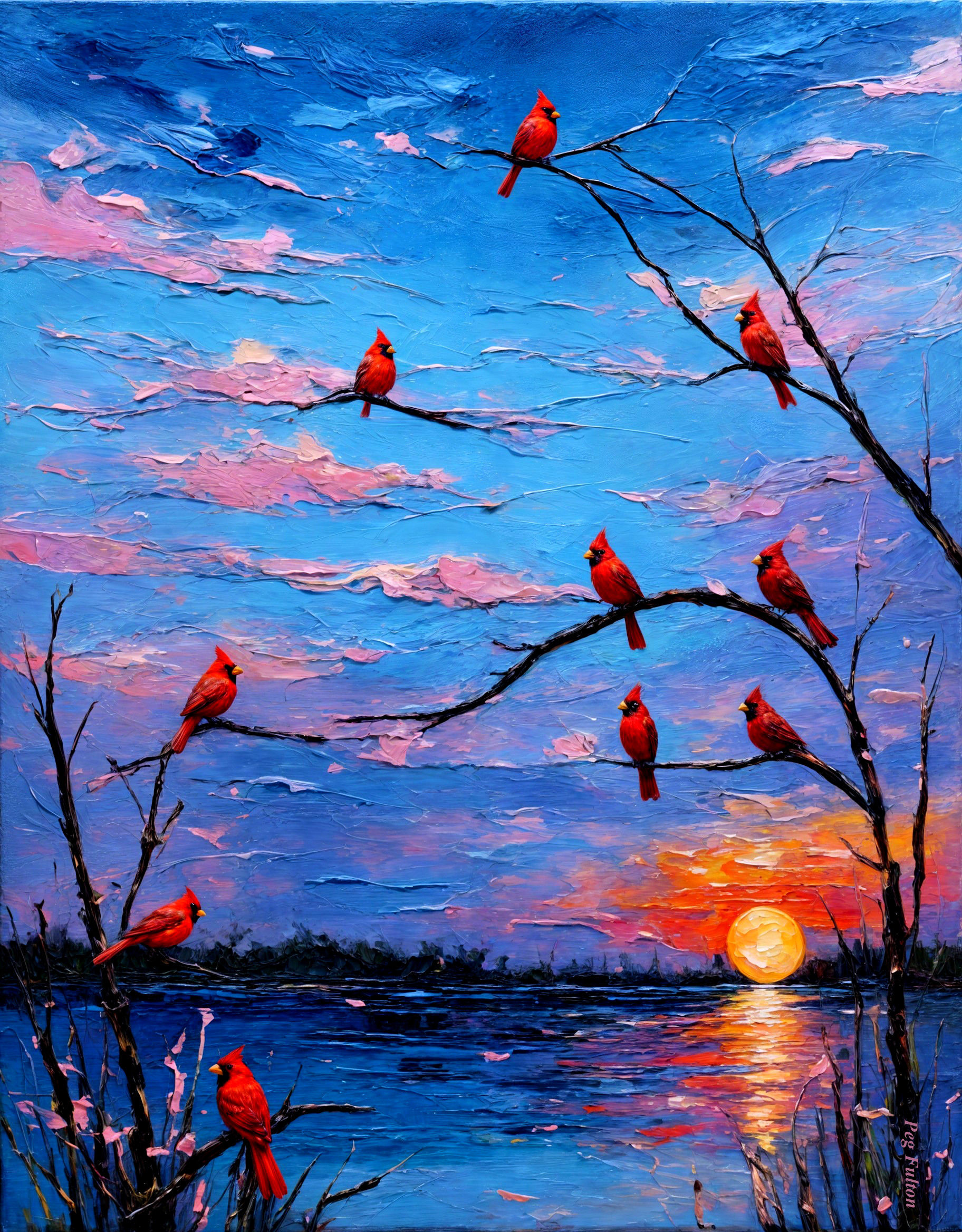 Vibrant Sunset Scene with Serene Lake and Cardinals