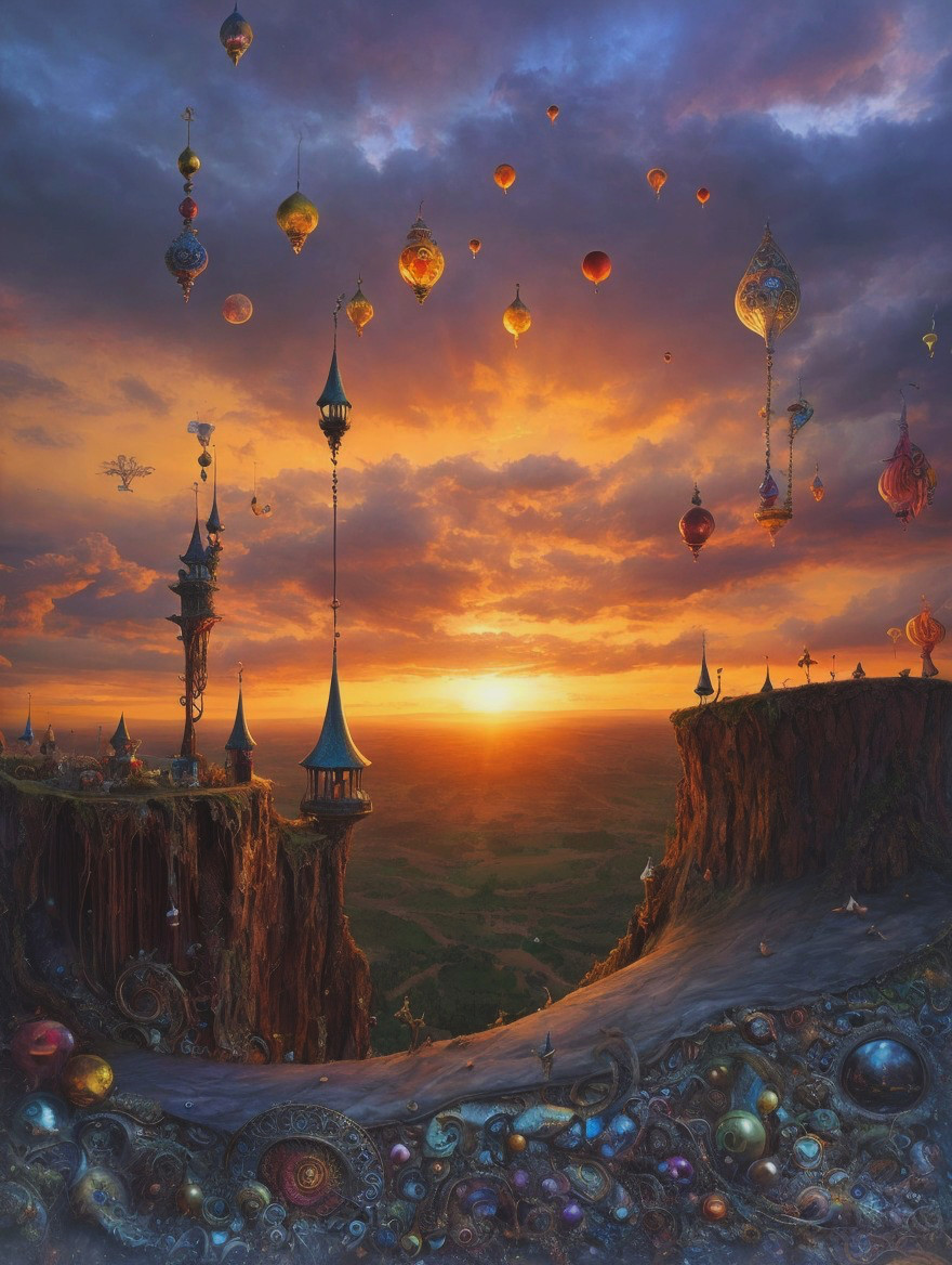 Fantastical Landscape with Sunset and Whimsical Structures