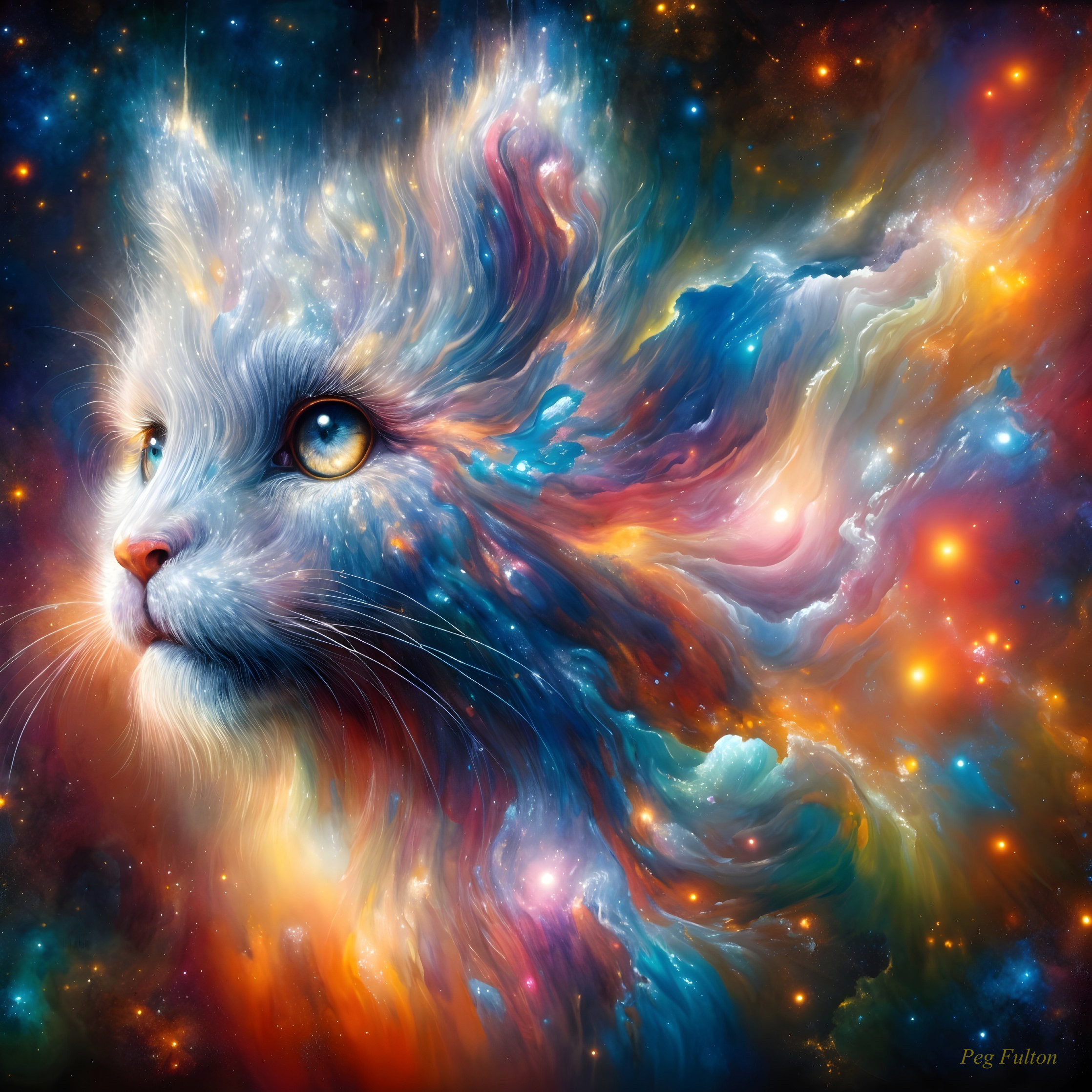 Whimsical Cosmic Cat in Vibrant Nebula Colors
