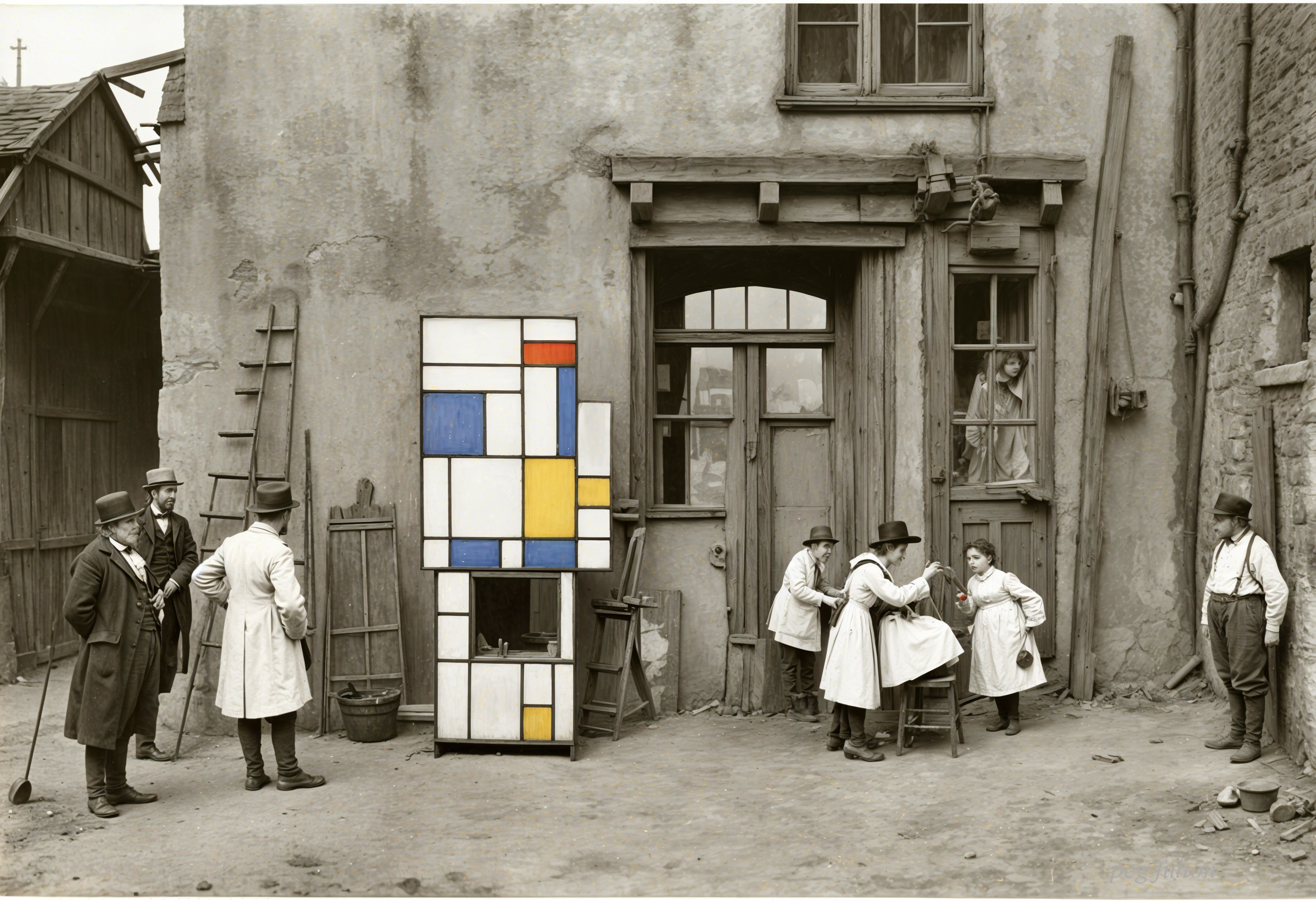 Early 20th-Century Gathering with Geometric Artwork