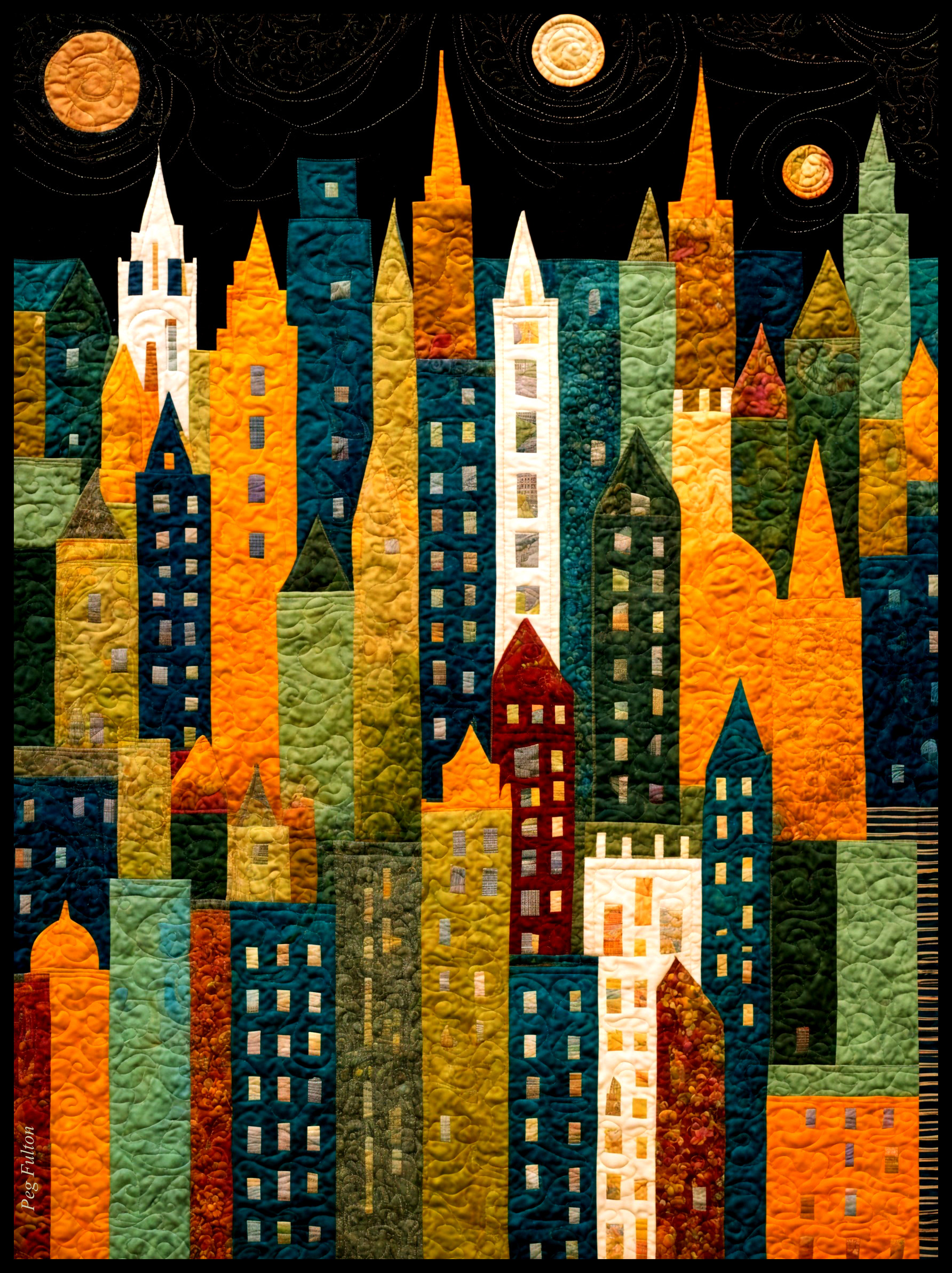 Vibrant Abstract Cityscape with Celestial Bodies