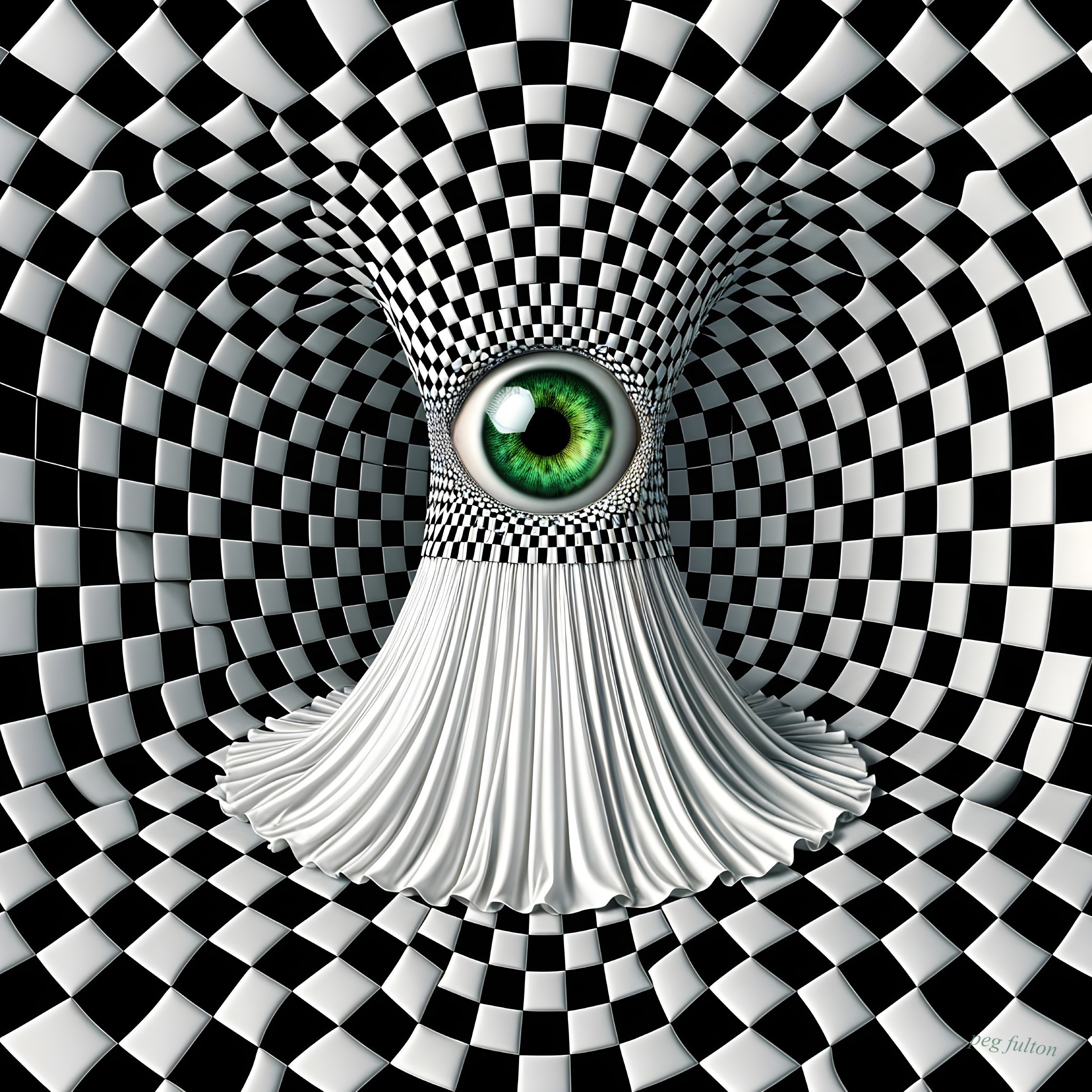 Surreal Design with Green Eye and Checkerboard Patterns