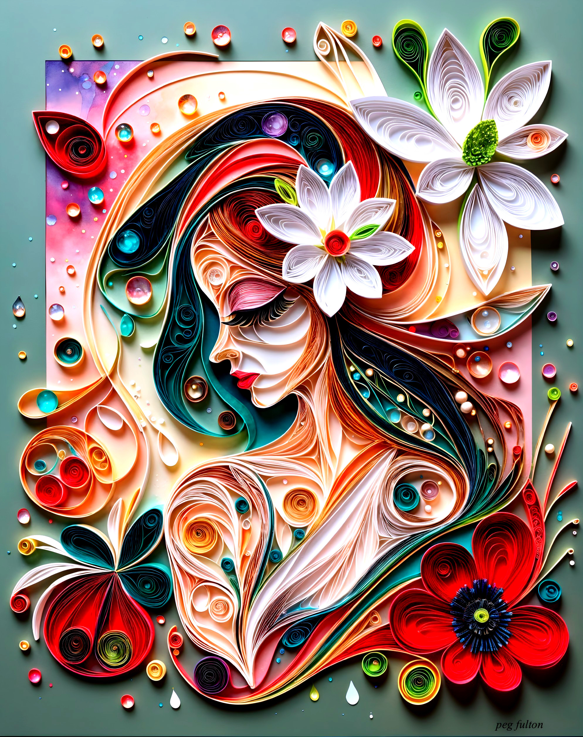Quilling Artwork of Woman's Profile with Floral Design