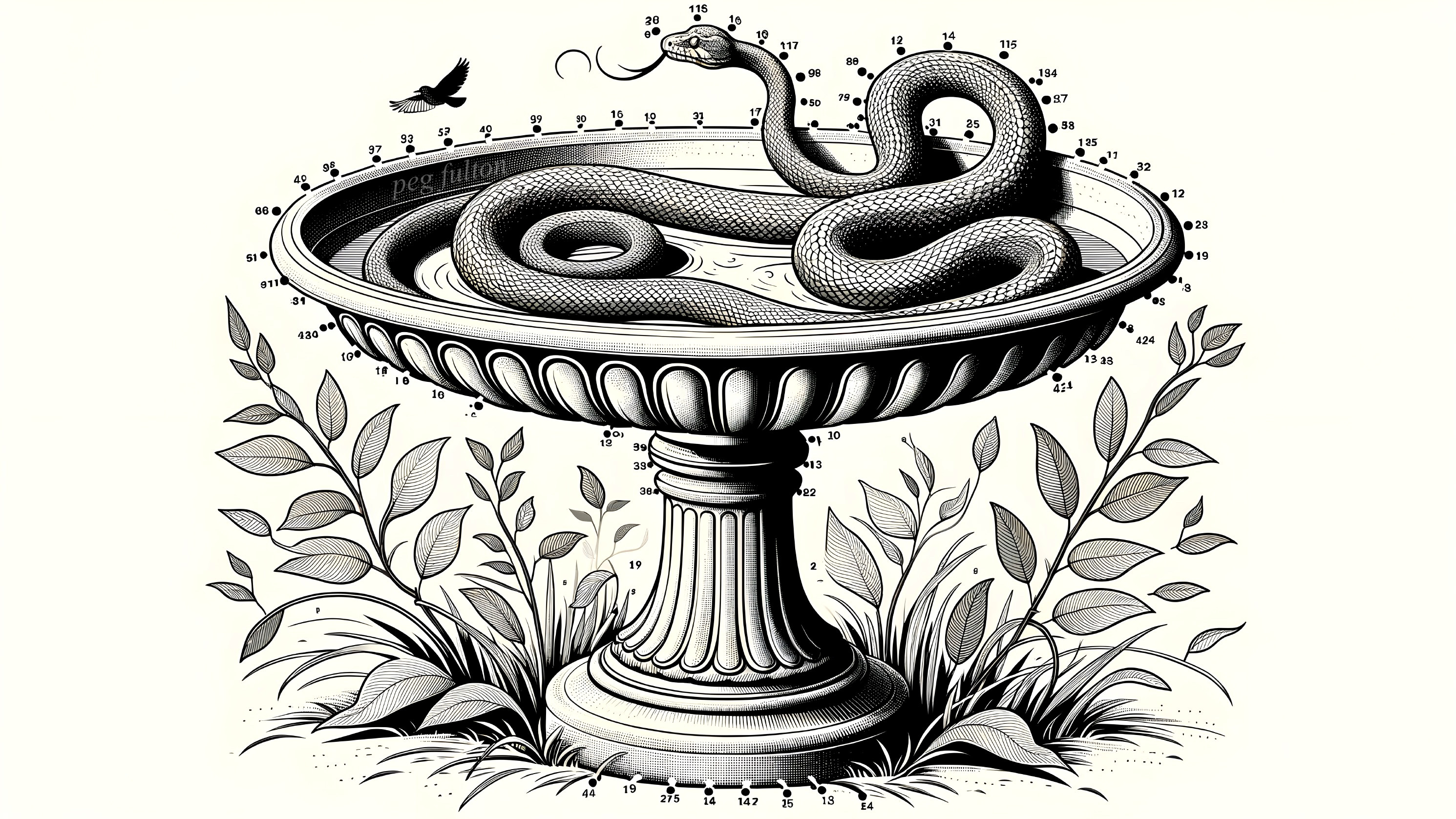 Coiled Snake in Stone Birdbath Surrounded by Foliage