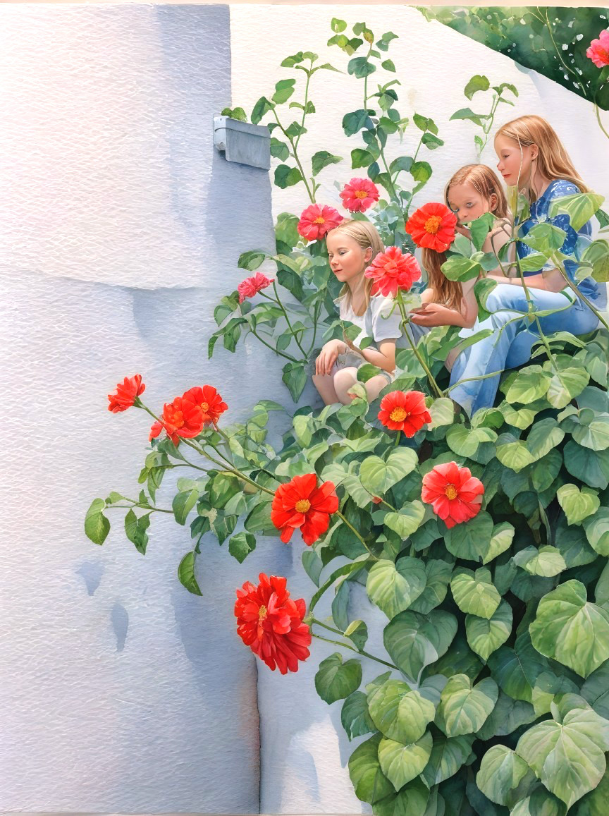 Girls Surrounded by Red Flowers and White Wall