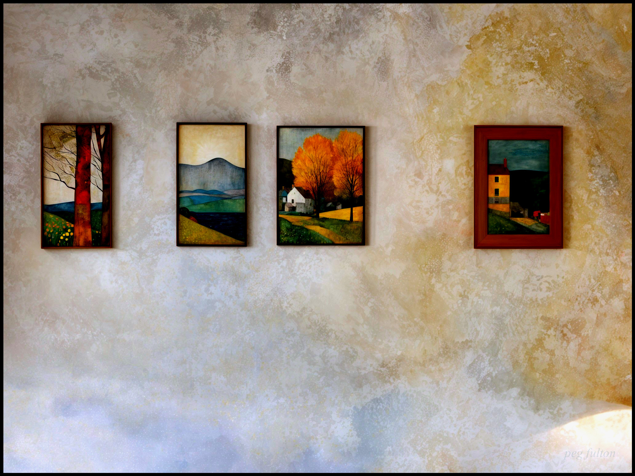 Textured Wall with Framed Nature Landscape Paintings