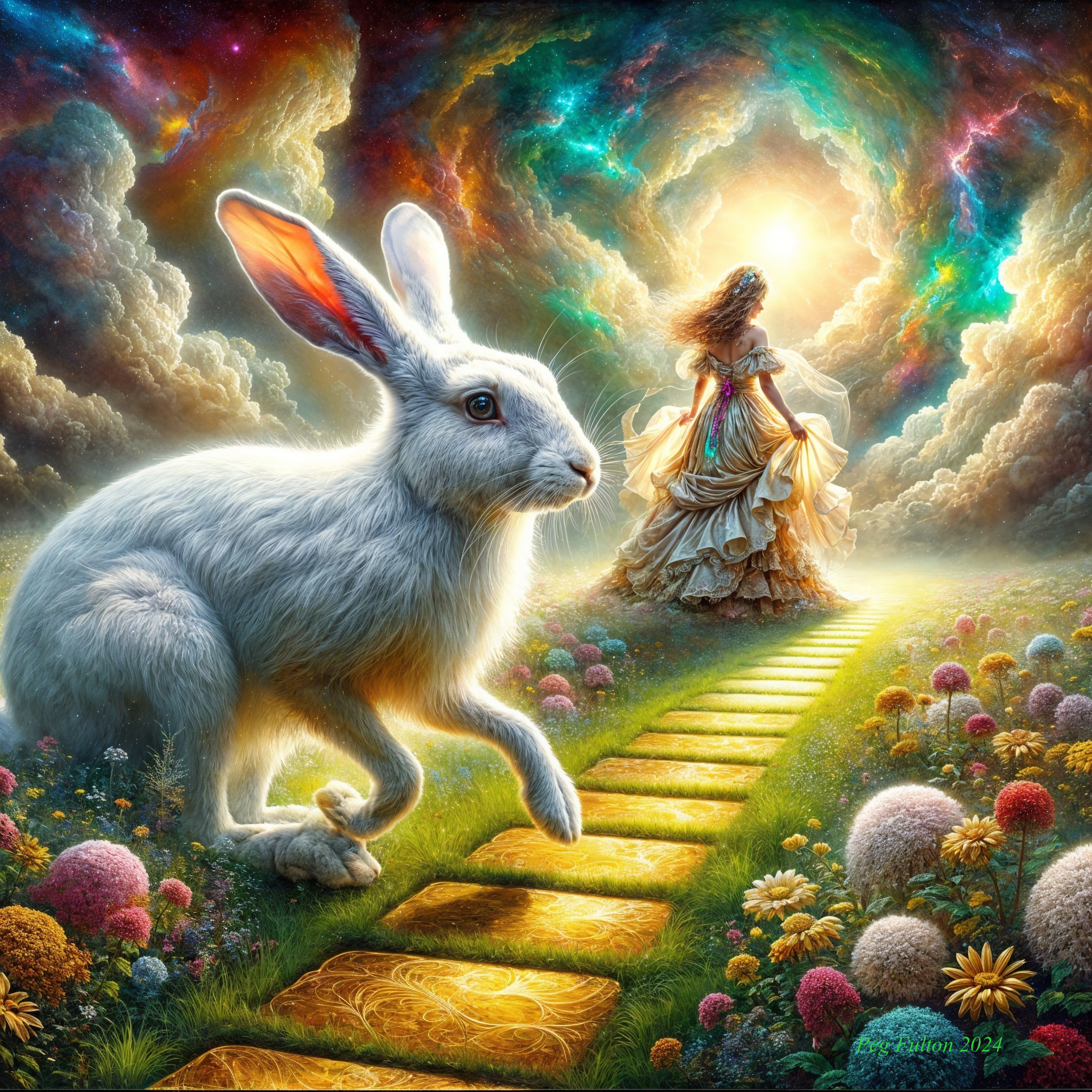 Dreamy Landscape with Rabbit and Elegant Figure