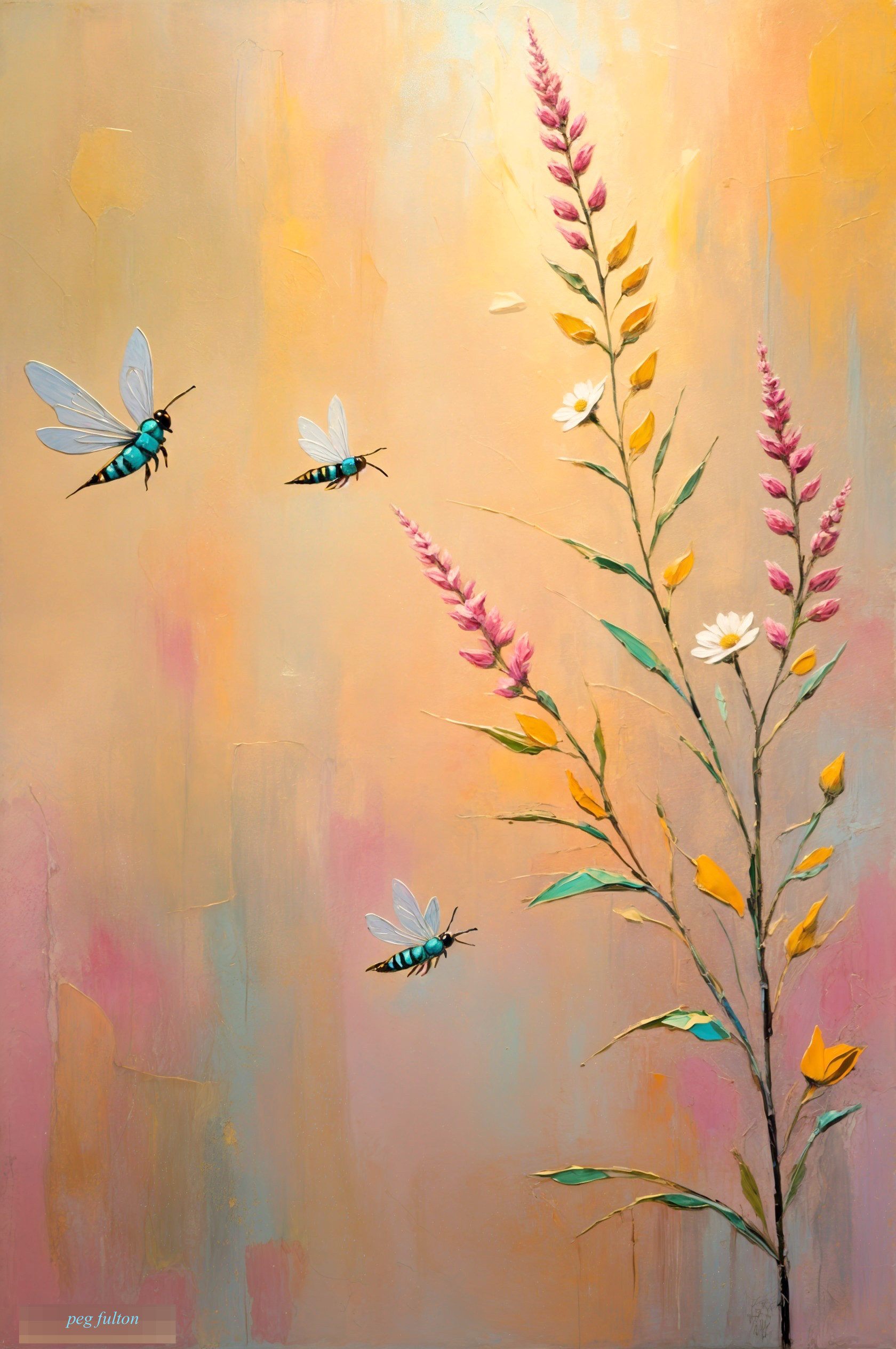 Vibrant Abstract Background with Pastel Flowers and Bees