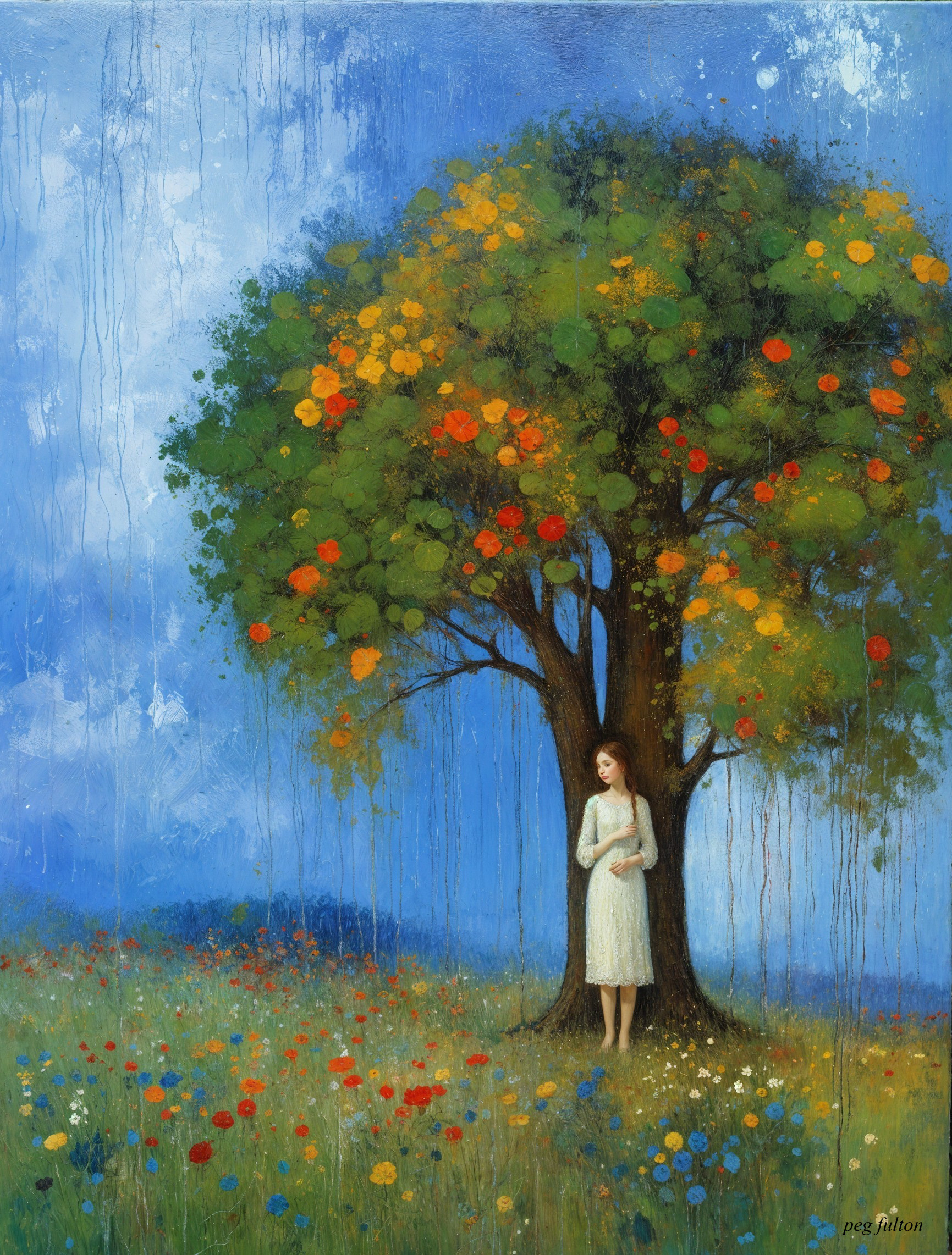 Serene Landscape with Vibrant Tree and Woman in Dress