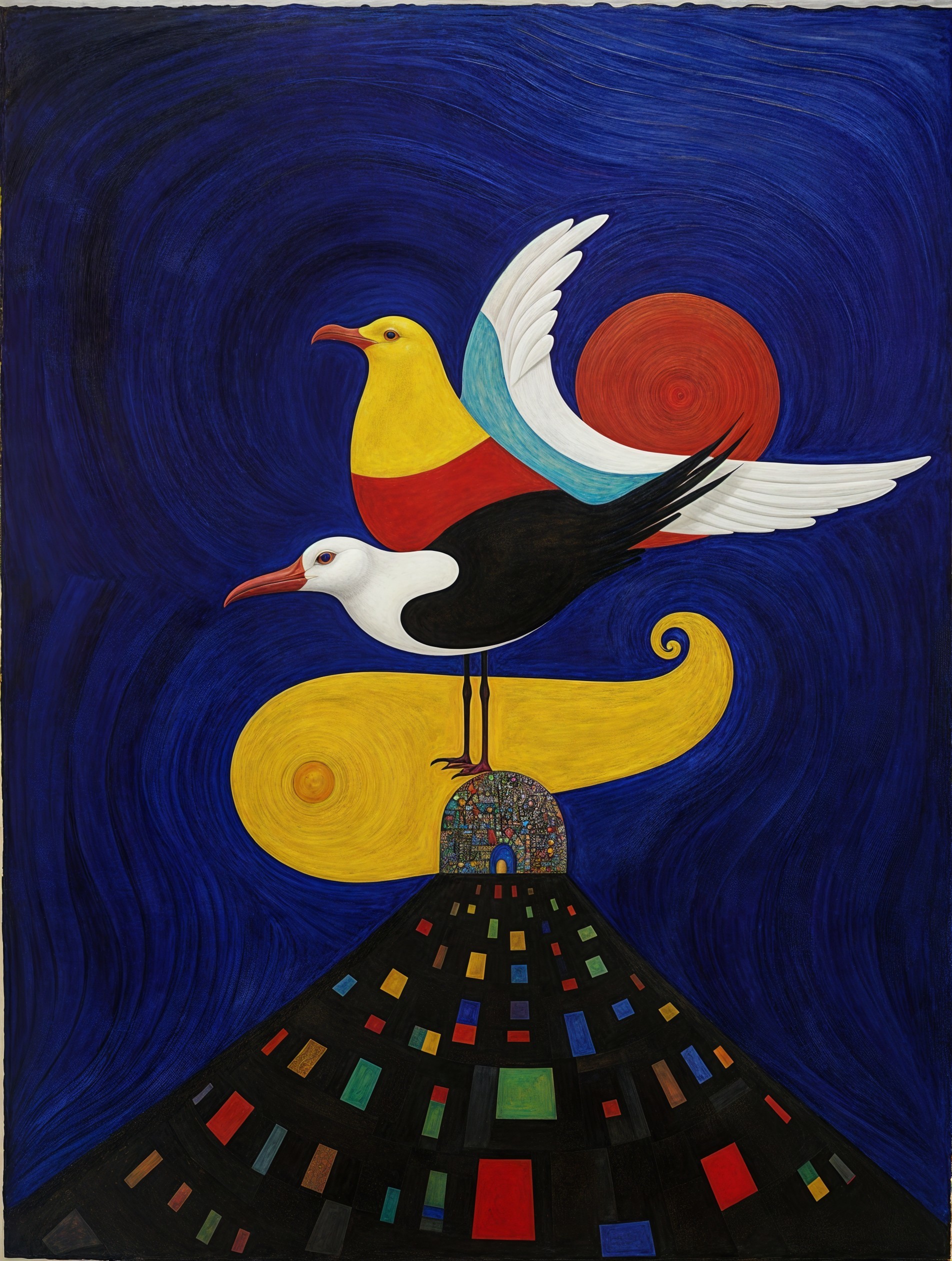 Vibrant Artwork of Birds and Abstract Landscape