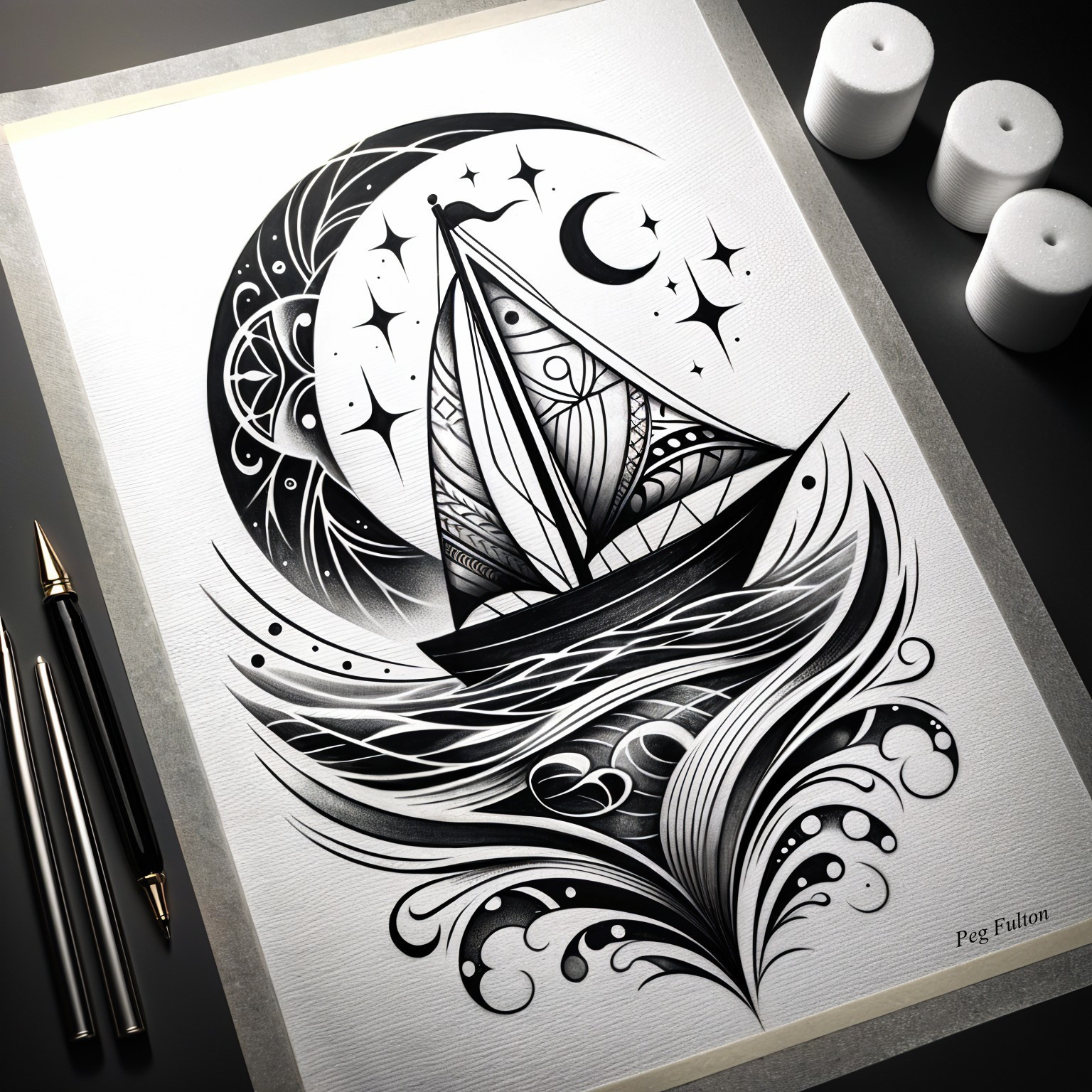 Black-and-White Sailboat Illustration with Celestial Elements