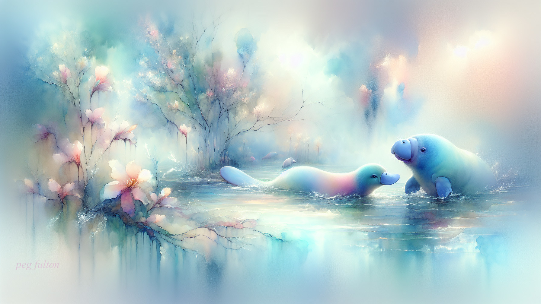 Whimsical Manatees in a Pastel Water Scene