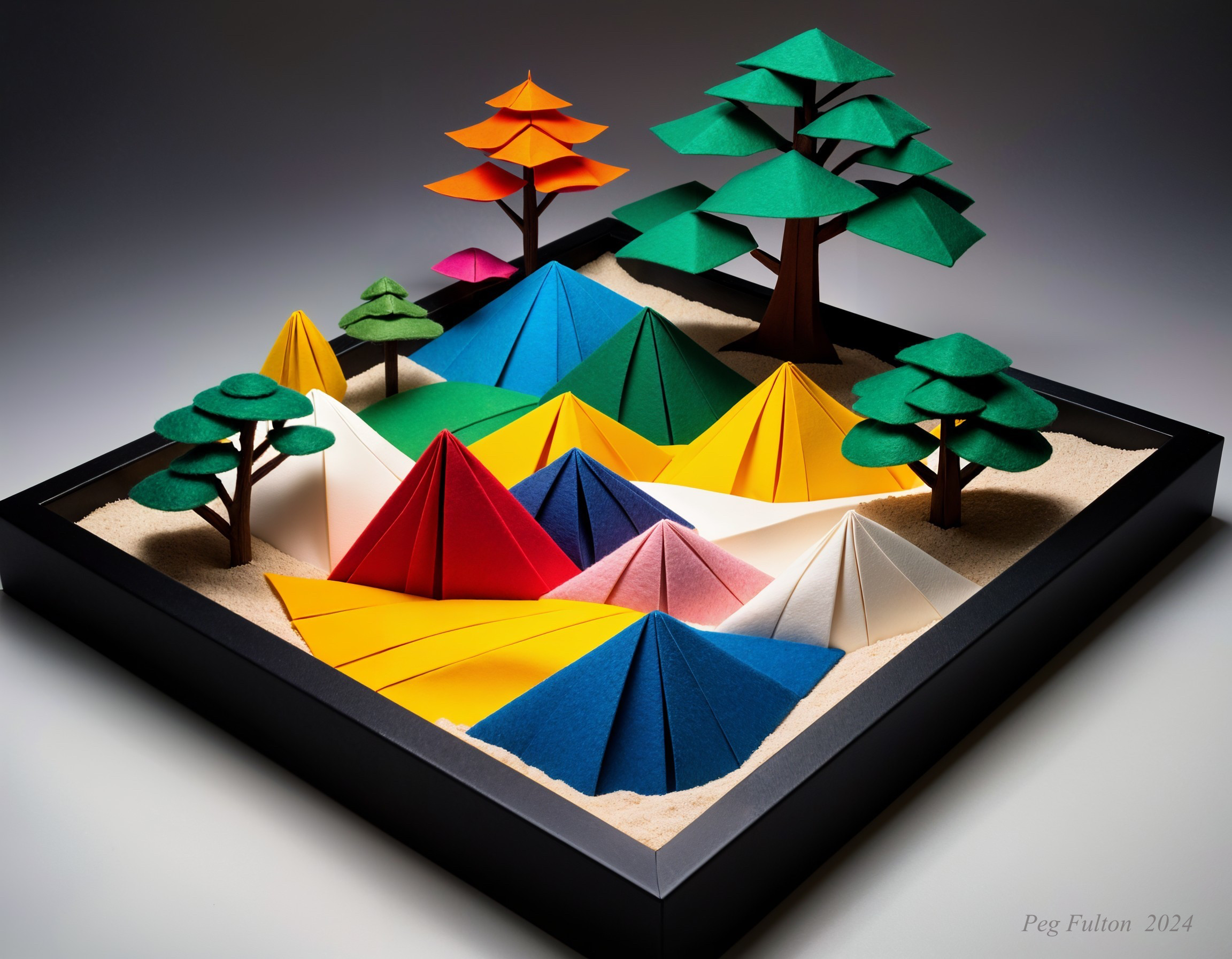 Colorful Origami Mountain and Tree Shadow Box Art