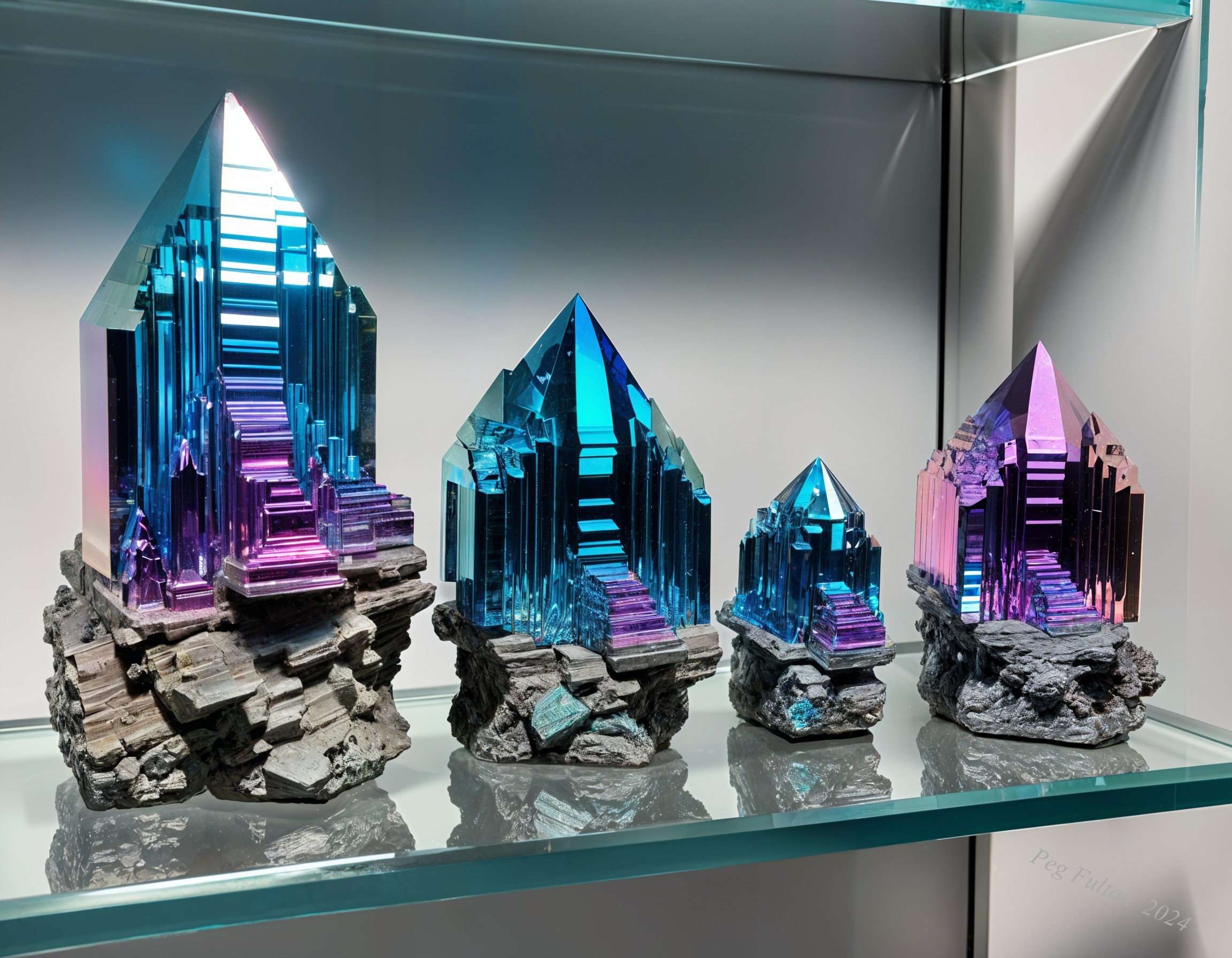 Three Vibrant Crystals on a Glass Shelf Display