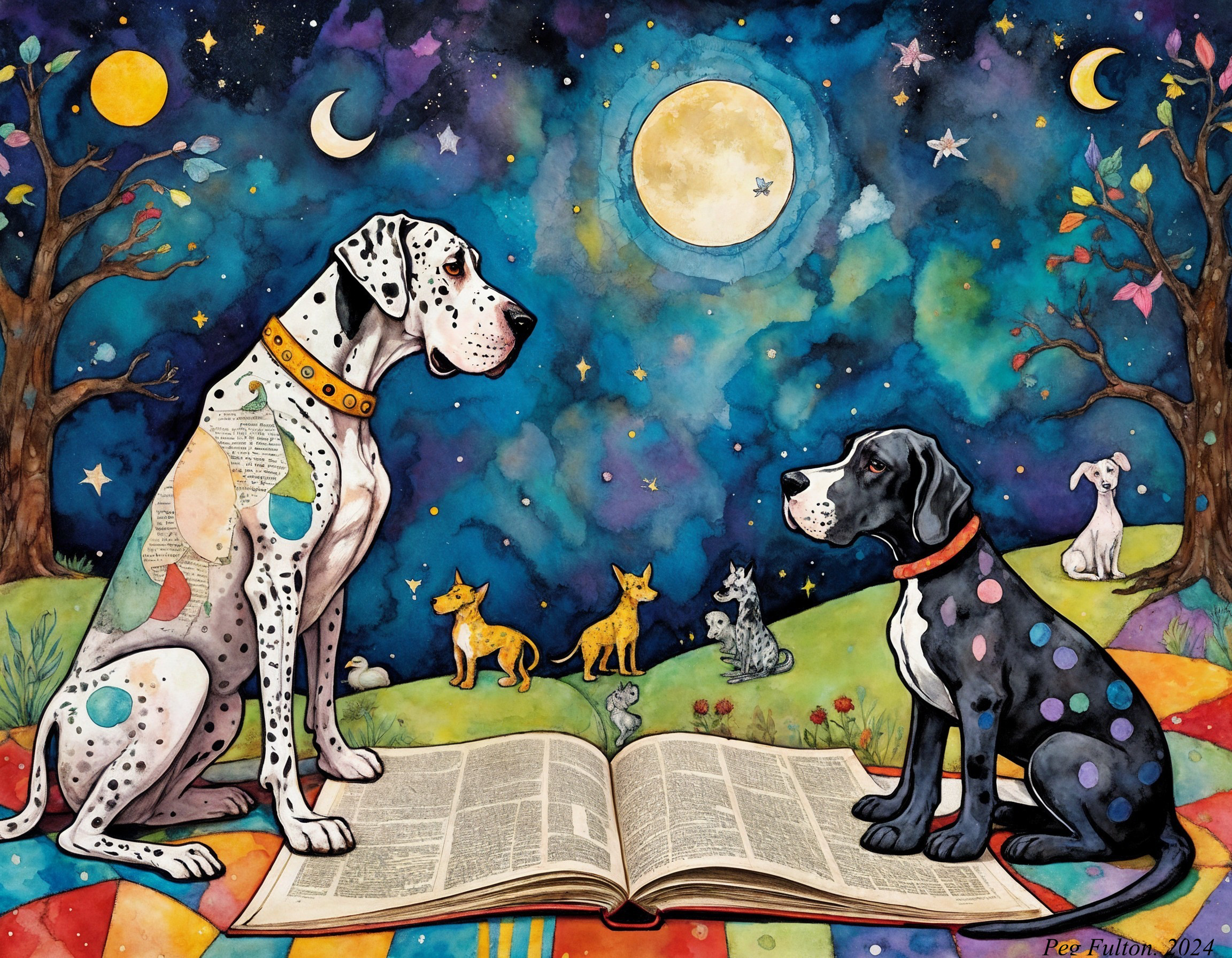 Colorful Dogs on Book Under Starry Night Sky