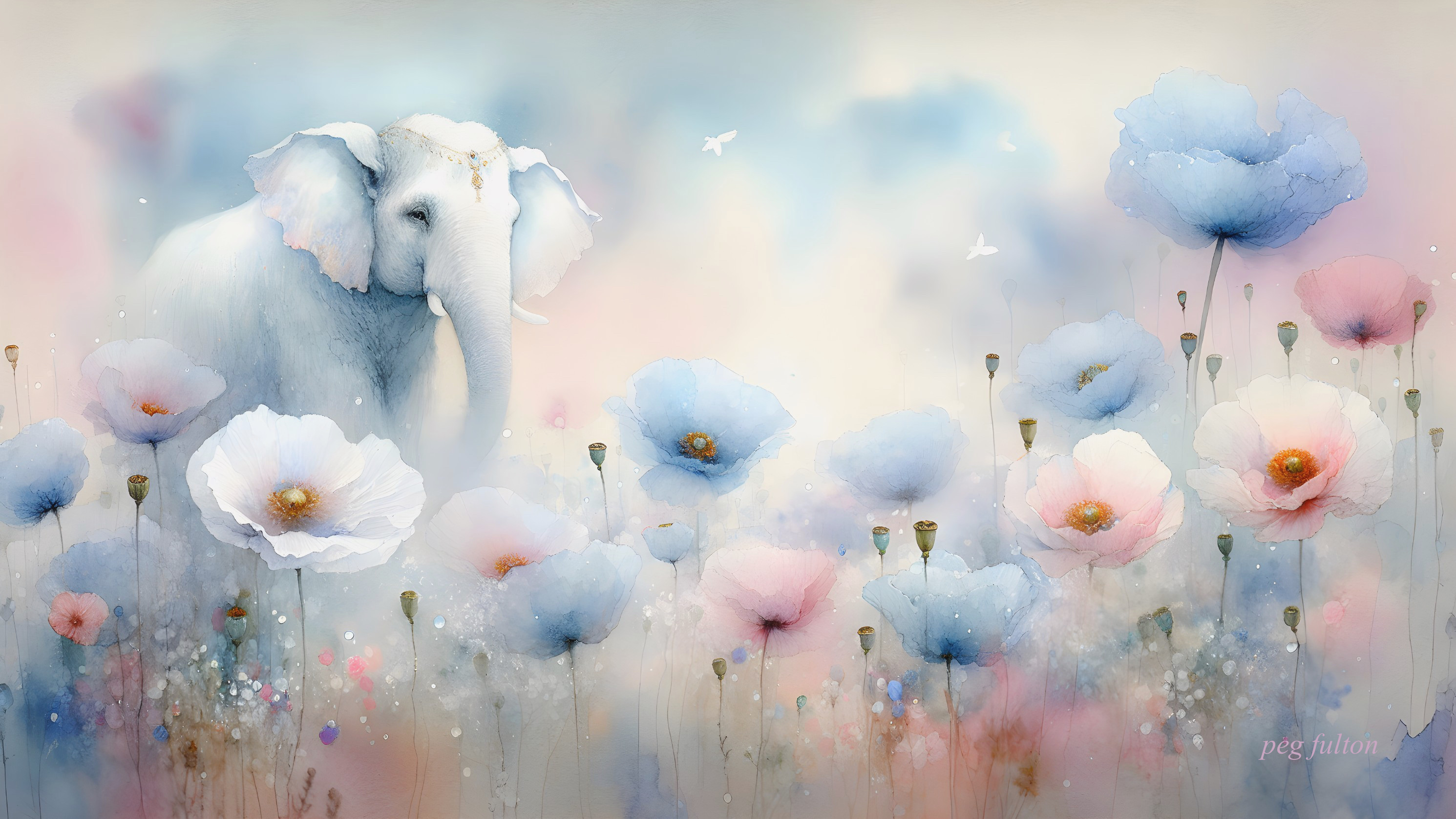 Watercolor of Elephant in Flower Field with Butterflies